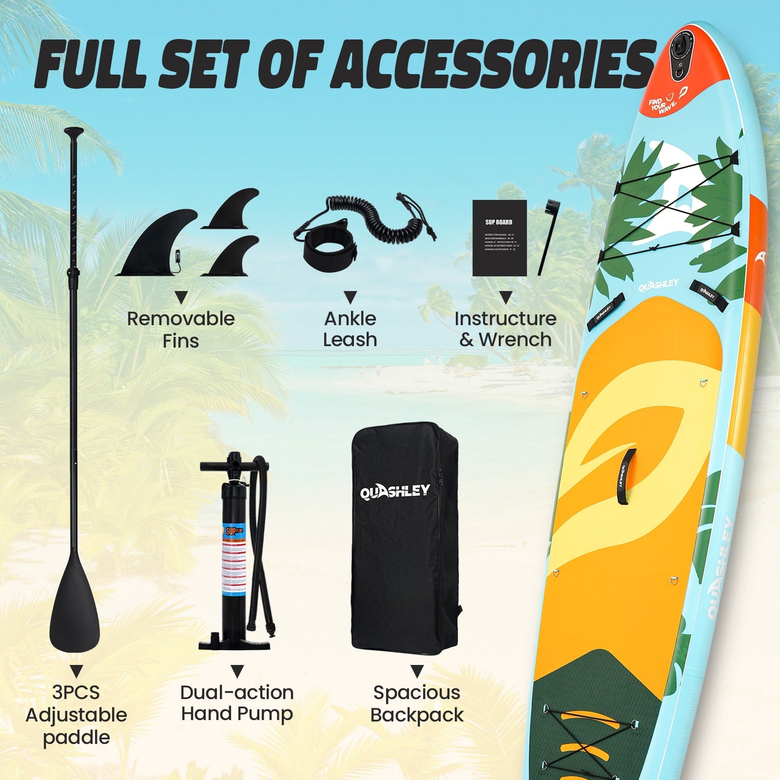 Quashley Inflatable Paddle Board 11' x 34 Wide All-Around SUP with Paddle, Pump, Backpack & Leash