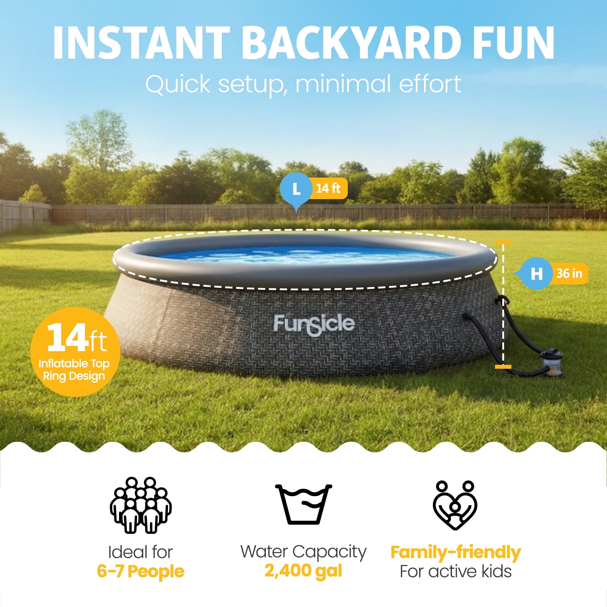 Funsicle Quickset 14’ x 36” Round Inflatable Top Ring Above Ground Swimming Pool Set