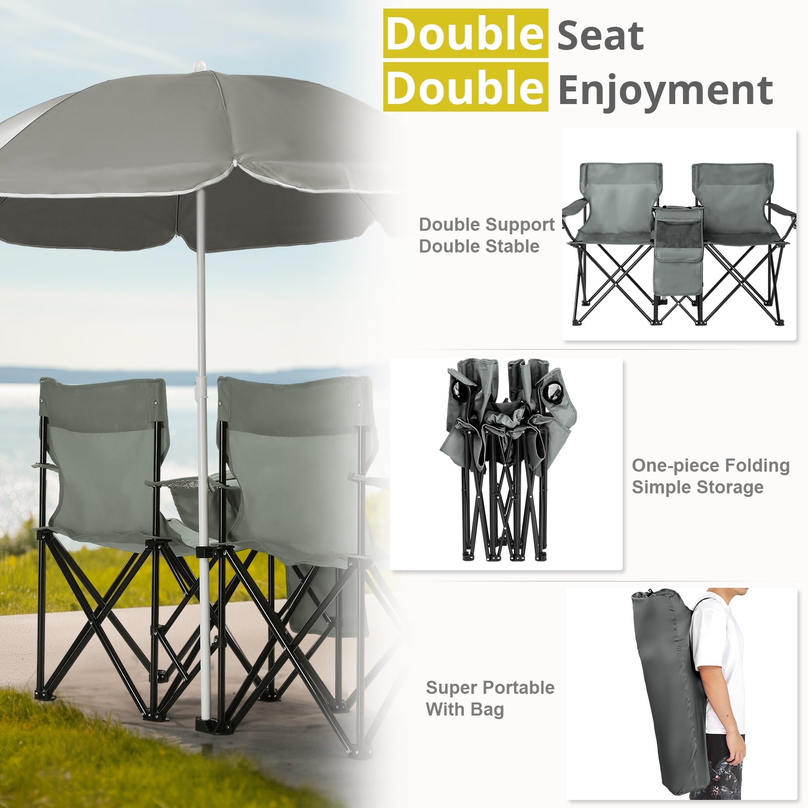 Ktaxon Camping Loveseat Chair, Folding Double Outdoor Chair with Removable Sun Umbrella & Carrying Bag, Double Chairs with Cooler Bag for Lawn Fishing Outdoor, Gray