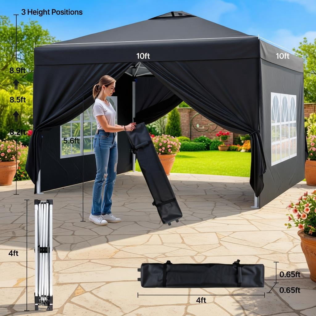 10x10 Pop-Up Canopy Tent with Removable Walls, 3 Height Adjustable Easy Set up Portable Gazebo, For Camping, White