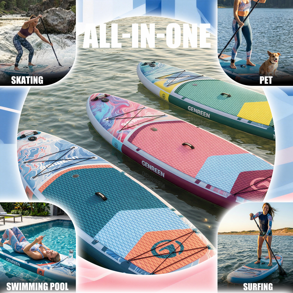 Genreen 11’ Inflatable Stand Up Paddle Board with SUP Accessories, Fishing Paddle Board for Youth & Adults of All Skill Levels