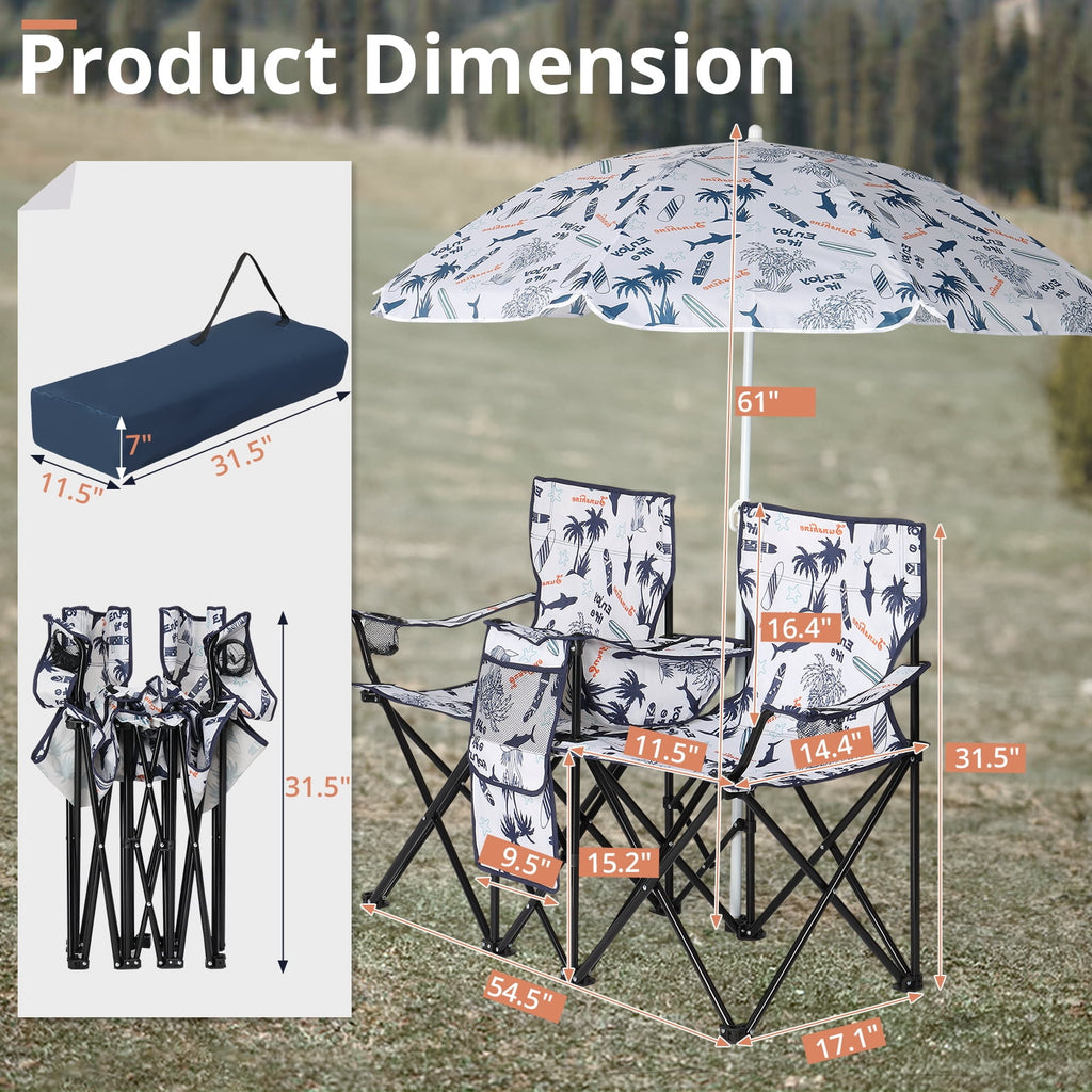 Ktaxon Camping Loveseat Chair, Folding Double Outdoor Chair with Removable Sun Umbrella & Carrying Bag, Double Chairs with Cooler Bag for Lawn Fishing Outdoor, Gray