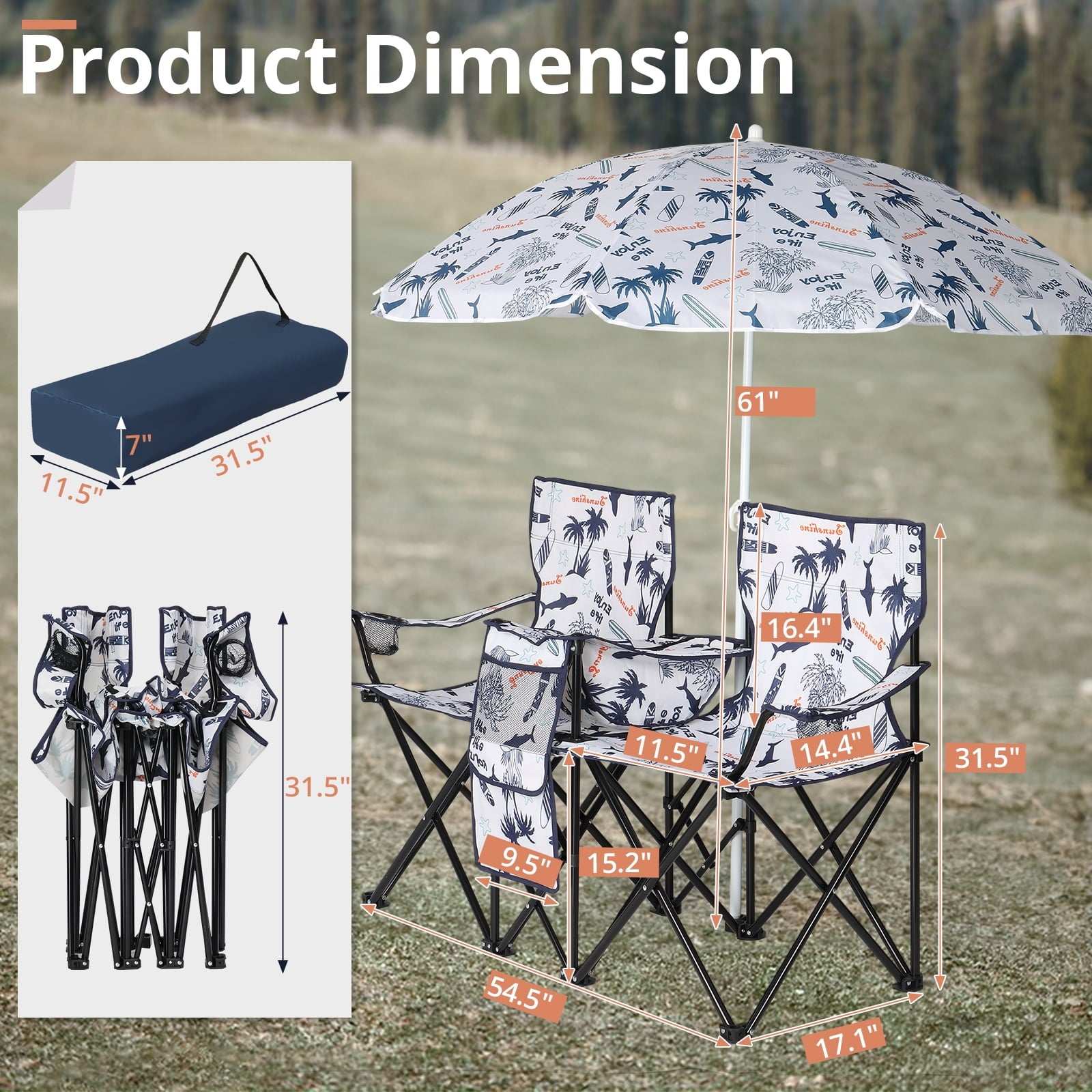 Ktaxon Camping Loveseat Chair, Folding Double Outdoor Chair with Removable Sun Umbrella & Carrying Bag, Double Chairs with Cooler Bag for Lawn Fishing Outdoor, Gray