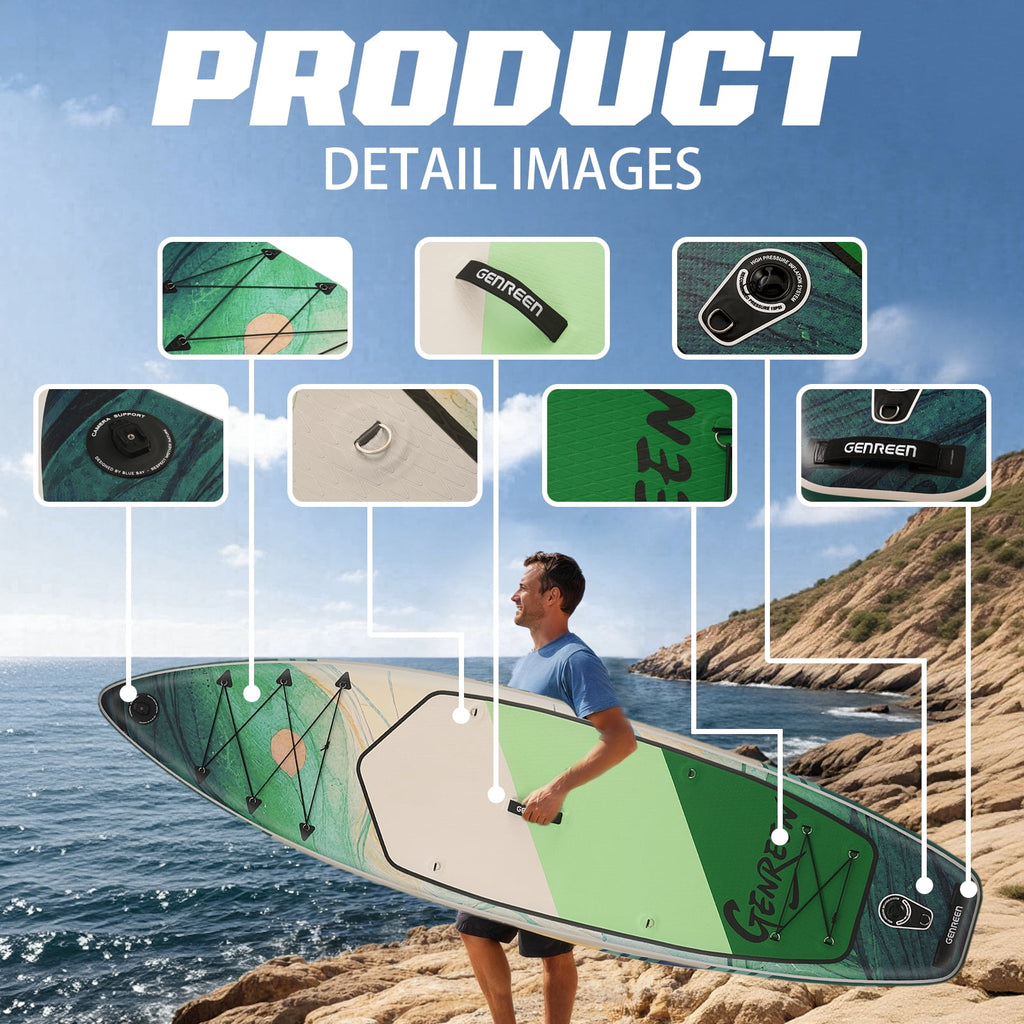 Genreen 11FT Inflatable Stand Up Paddle Board，Wide Sup with Premium Accessories, Fishing Blow Up Paddleboard for Youth & Adults