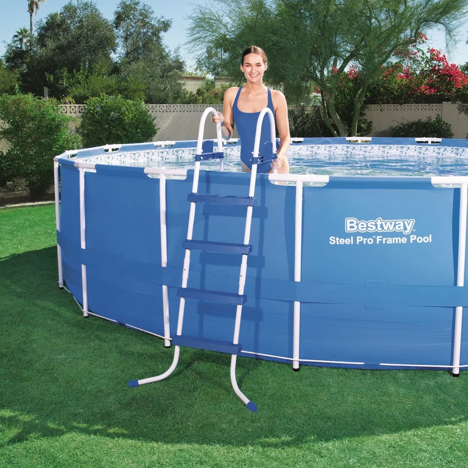 Bestway Steel Pro MAX 15' x 48 Round Above Ground Swimming Pool & Pool Ladder