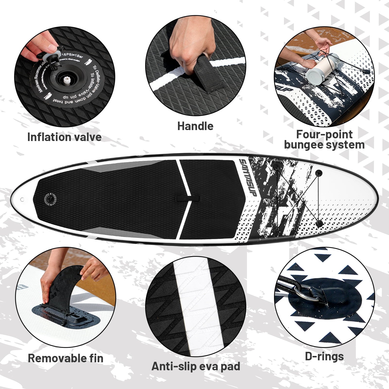 Santasup Inflatable Paddle Board, 10'6 Black Stand Up SUP Boards for Adults & Youths of All Skill Levels, Wide & Non-Slip Deck Design Blow Up Paddleboards with Premium Accessories & Waterproof Bag