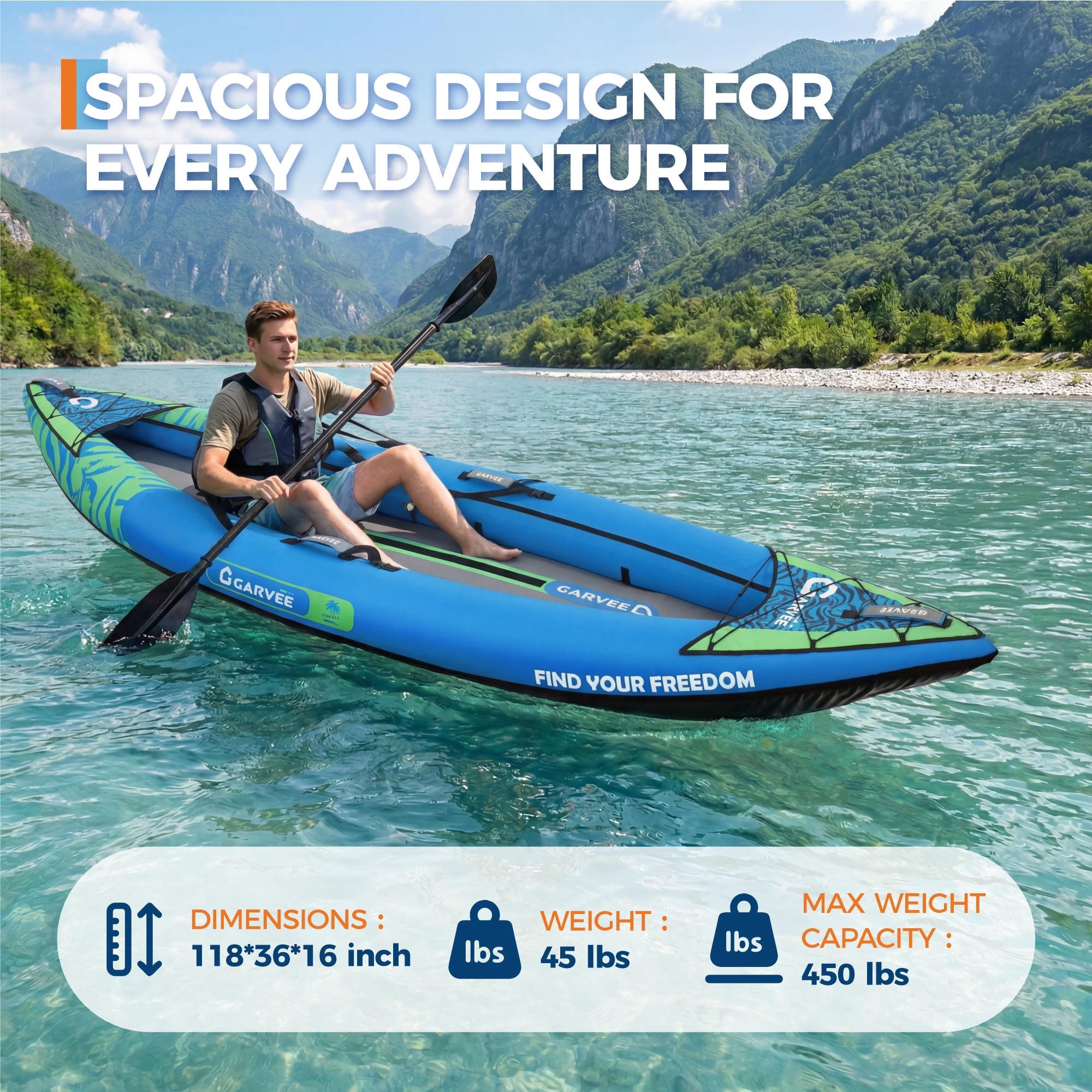 Garvee Inflatable Kayak Set for 1 Person, 118 x 36 x 16, Blue