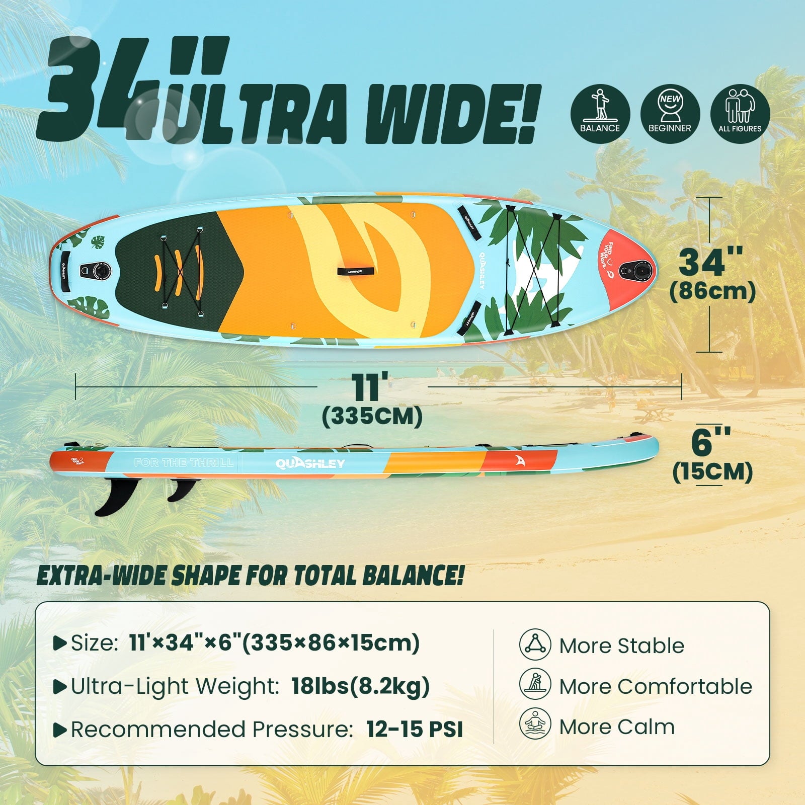 Quashley Inflatable Paddle Board 11' x 34 Wide All-Around SUP with Paddle, Pump, Backpack & Leash