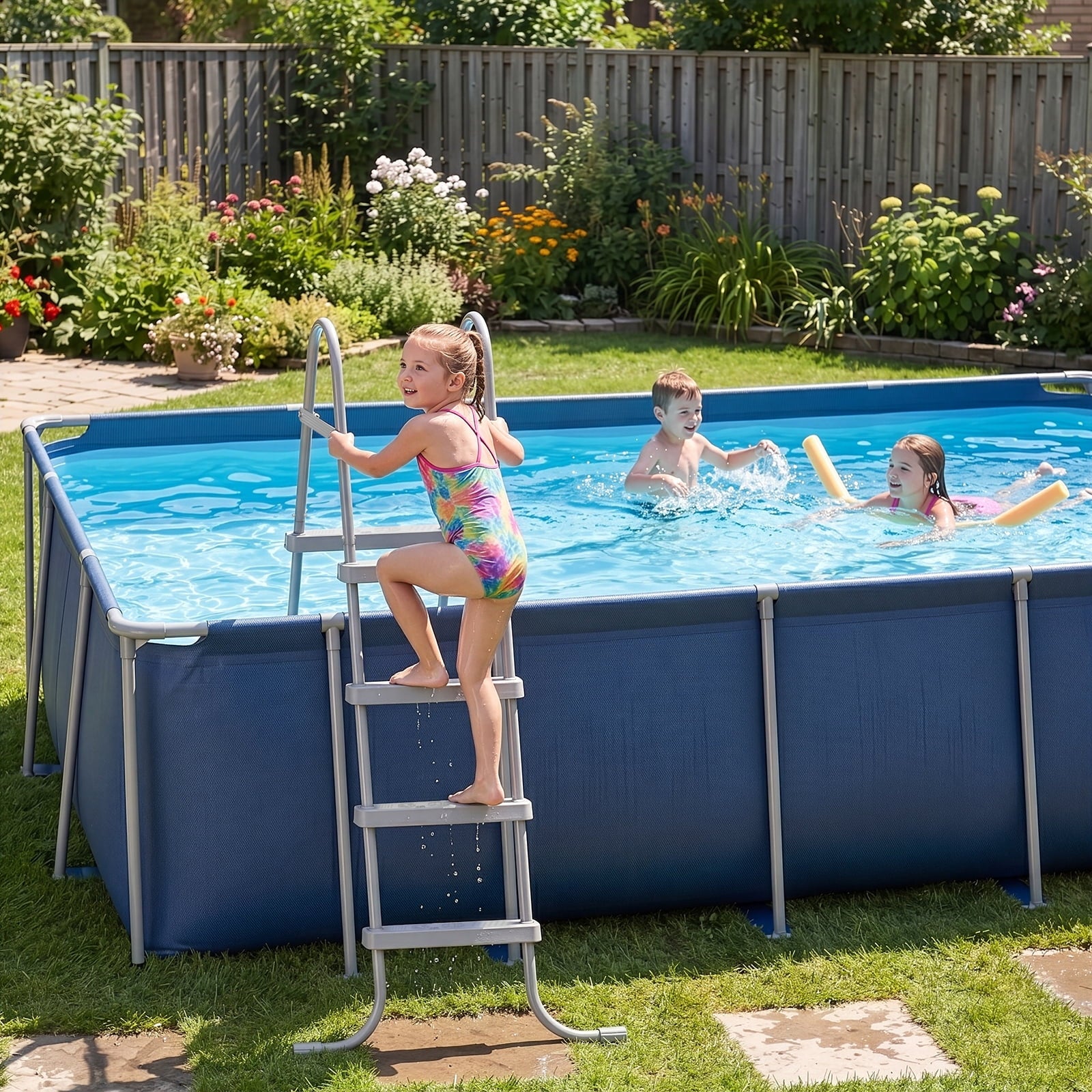 Ktaxon 52 4Step Steel Frame Above Ground Swimming Pool Ladder,Heavy Duty Double Sided Removable Pool Steps with Ladder Escape