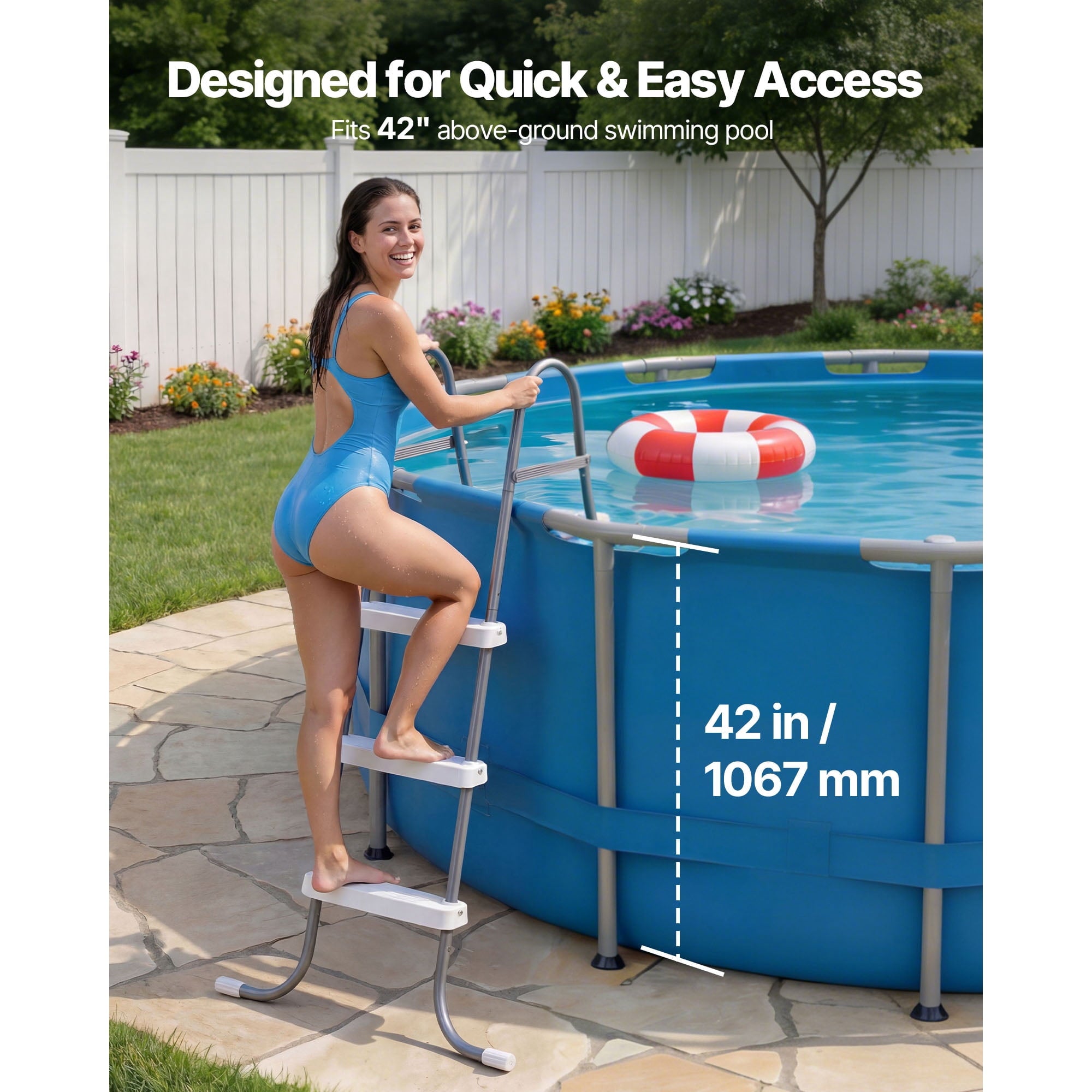 KFFKFF 4-Step Steel A-Frame Pool Ladder for Above-Ground Pools, Designed for 48-Inch Walls, 300 lbs Weight Capacity, Non-Slip Wide Steps, Easy Assembly, Gray and White
