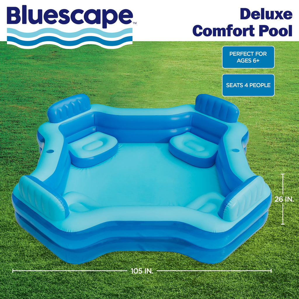 Bluescape Blue Deluxe Comfort Inflatable Family Swimming Pool, 4 Seats, Square, Age 6 & up