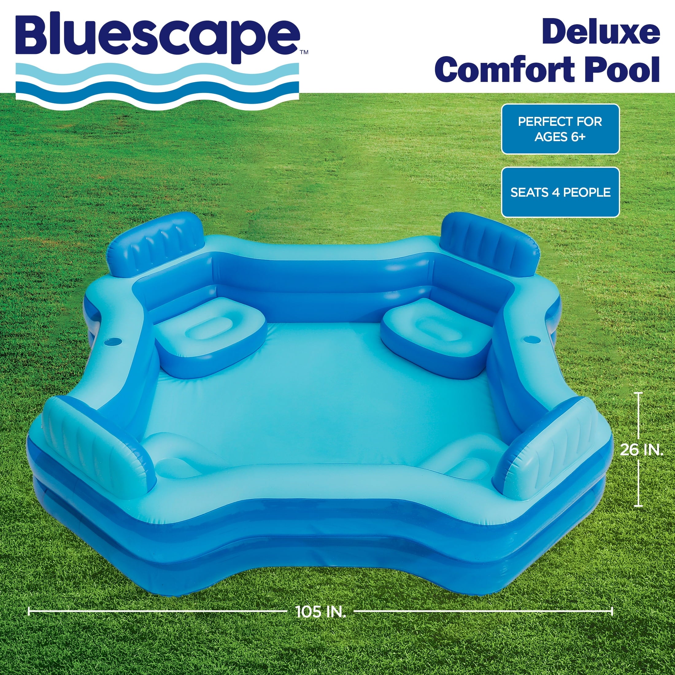 Bluescape Blue Deluxe Comfort Inflatable Family Swimming Pool, 4 Seats, Square, Age 6 & up