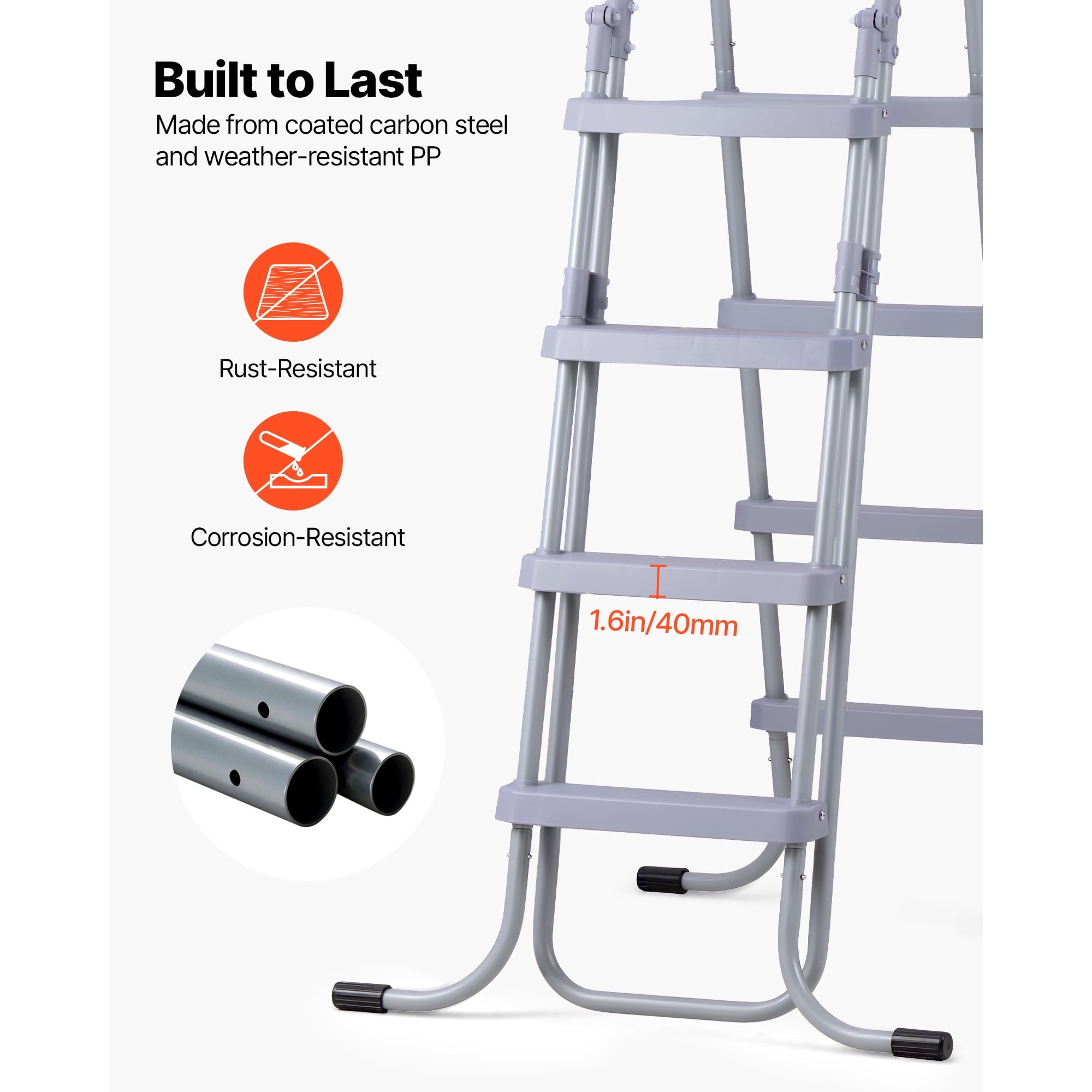 KFFKFF 4-Step Steel A-Frame Pool Ladder for Above-Ground Pools, Designed for 48-Inch Walls, 300 lbs Weight Capacity, Non-Slip Wide Steps, Easy Assembly, Gray and White