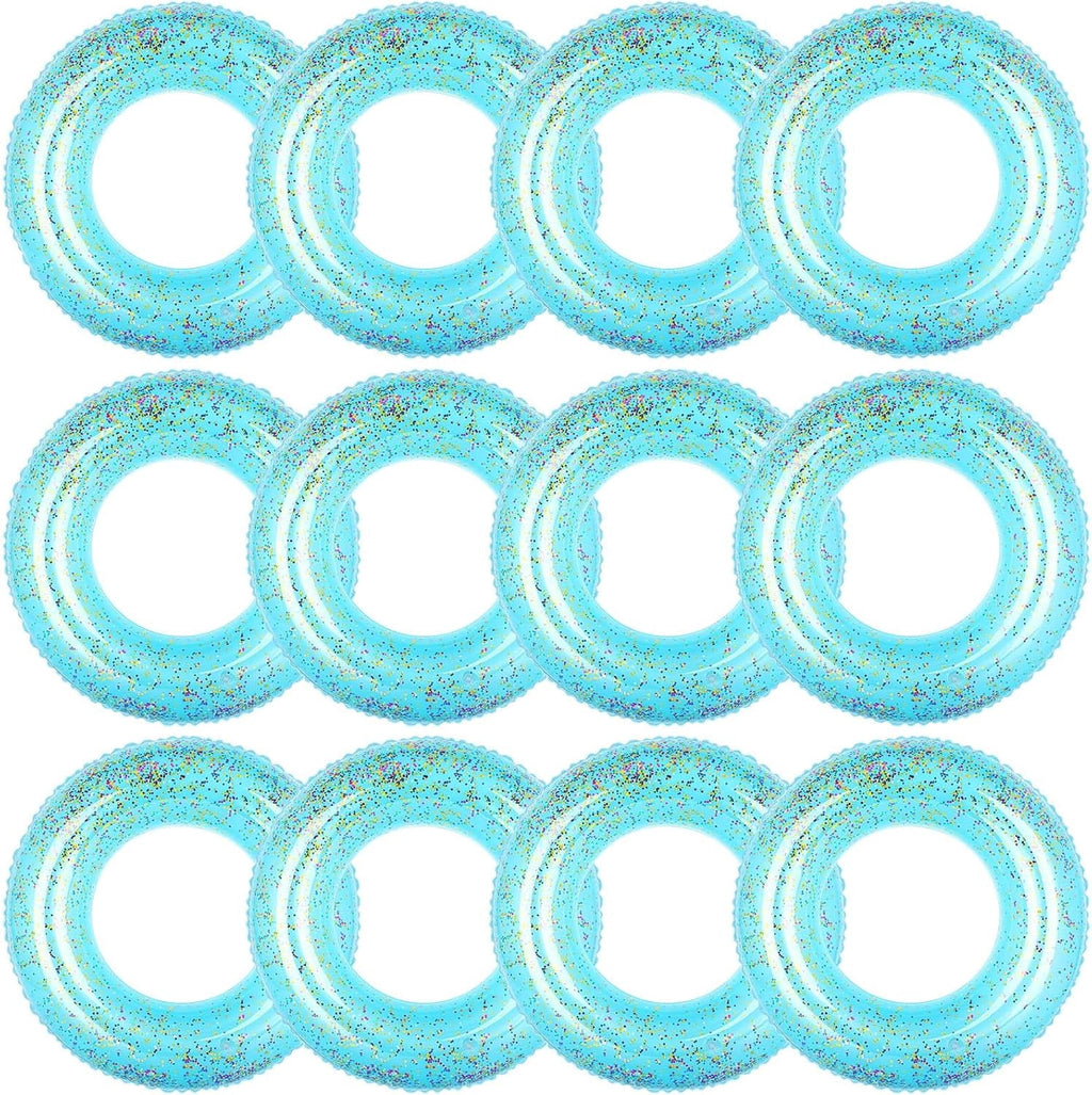 12 Pcs Summer Swim Rings with Glitter Fun Inflatable Pool Float Round Shaped Swimming Pool Tubes for Beach Party Supplies(Blue,23.6 l X 23.6 w)