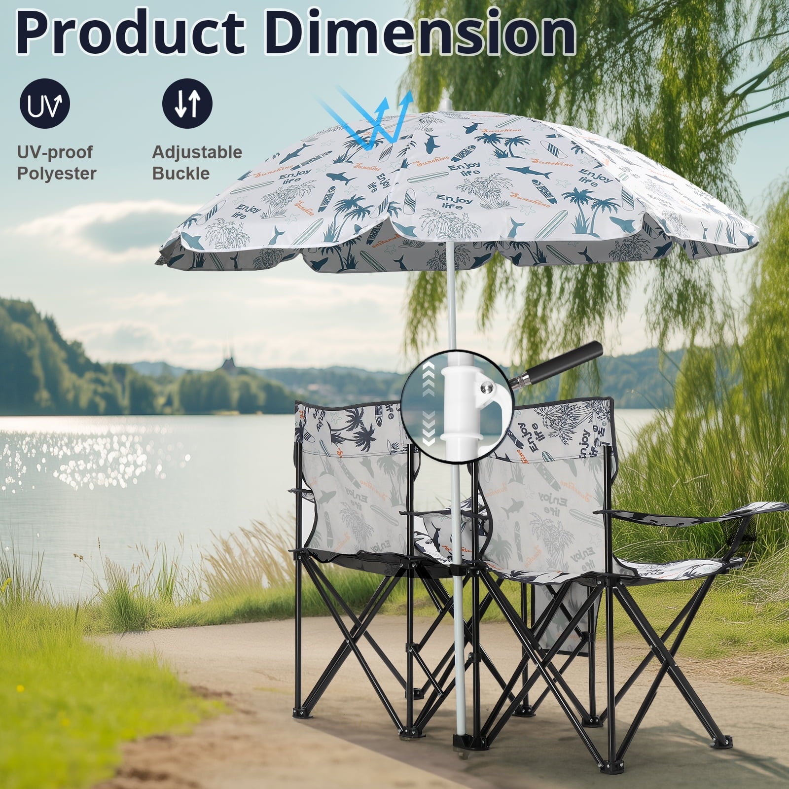 Ktaxon Camping Loveseat Chair, Folding Double Outdoor Chair with Removable Sun Umbrella & Carrying Bag, Double Chairs with Cooler Bag for Lawn Fishing Outdoor, Gray