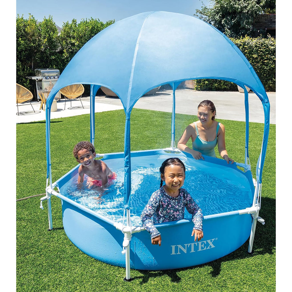 Intex: Canopy Metal Frame Splash Pool - 6' x 15 - UPF 50+ Sunshade Cover, Built-In Water Sprayer, Puncture-Resistant, Wade Kiddie Pool, Kids 3+