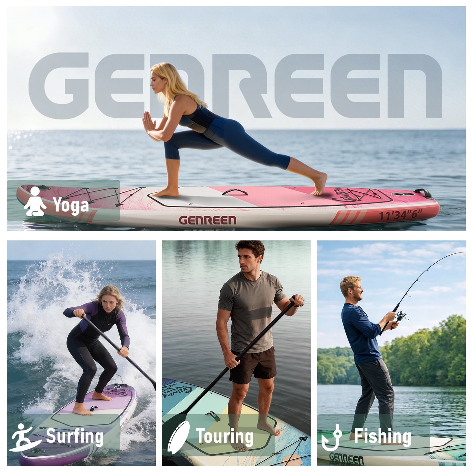 Genreen 11FT Inflatable Stand Up Paddle Board，Wide Sup with Premium Accessories, Fishing Blow Up Paddleboard for Youth & Adults