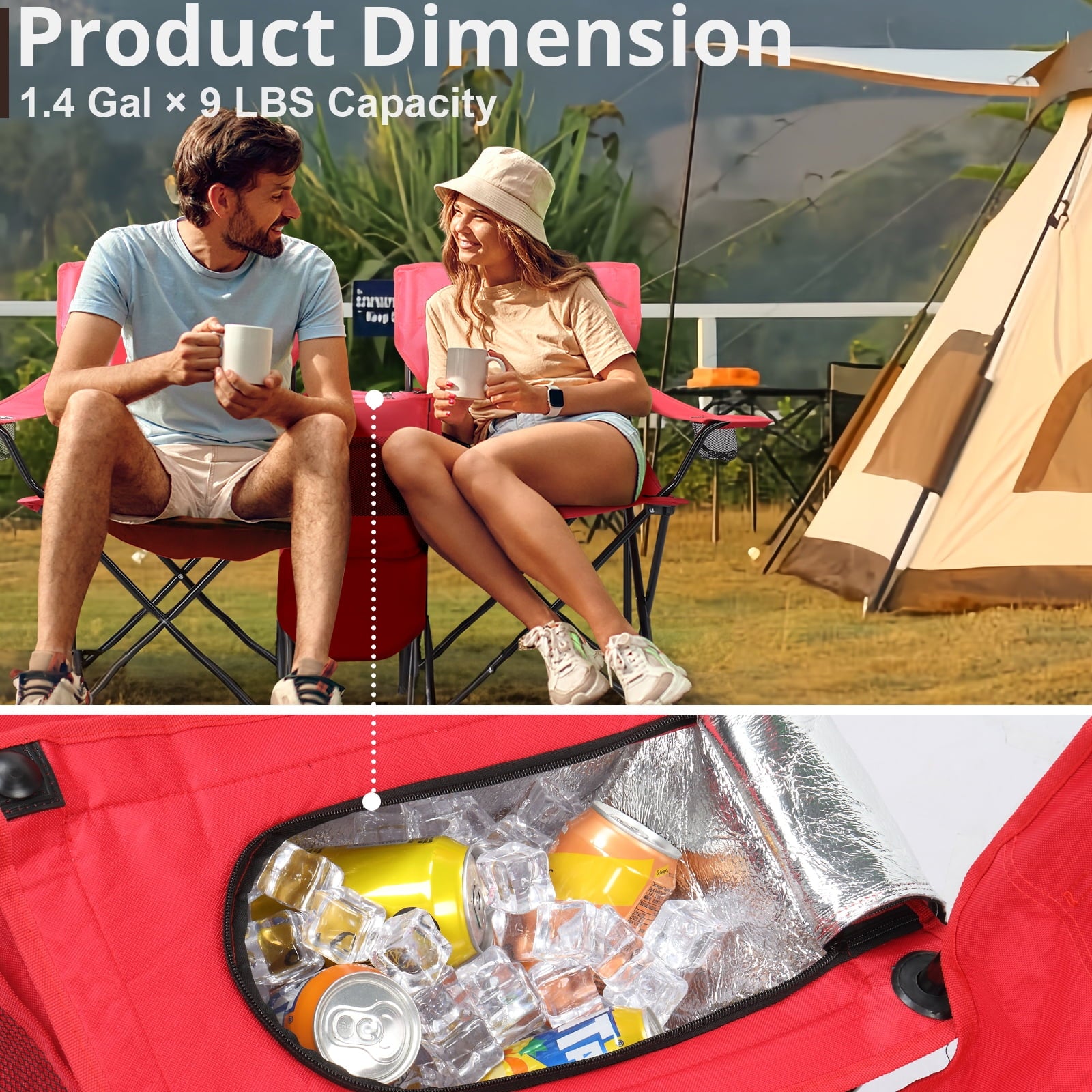 Ktaxon Camping Loveseat Chair, Folding Double Outdoor Chair with Removable Sun Umbrella & Carrying Bag, Double Chairs with Cooler Bag for Lawn Fishing Outdoor, Gray