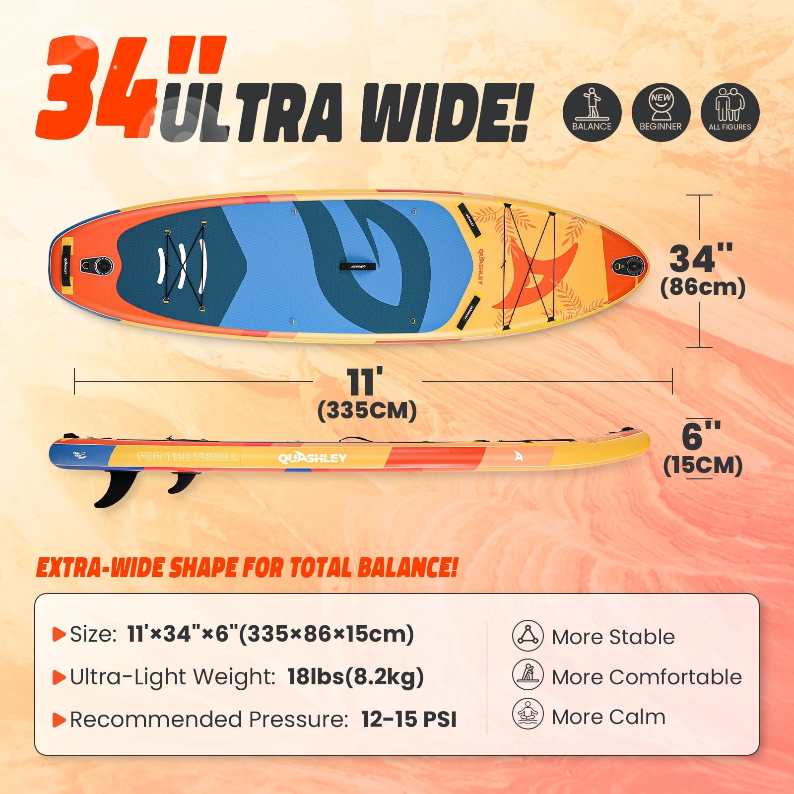Quashley Inflatable Paddle Board 11' x 34 Wide All-Around SUP with Paddle, Pump, Backpack & Leash