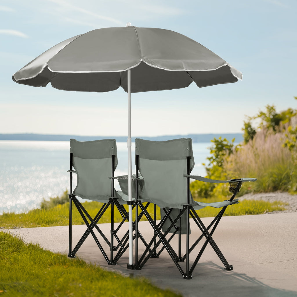Ktaxon Camping Loveseat Chair, Folding Double Outdoor Chair with Removable Sun Umbrella & Carrying Bag, Double Chairs with Cooler Bag for Lawn Fishing Outdoor, Gray