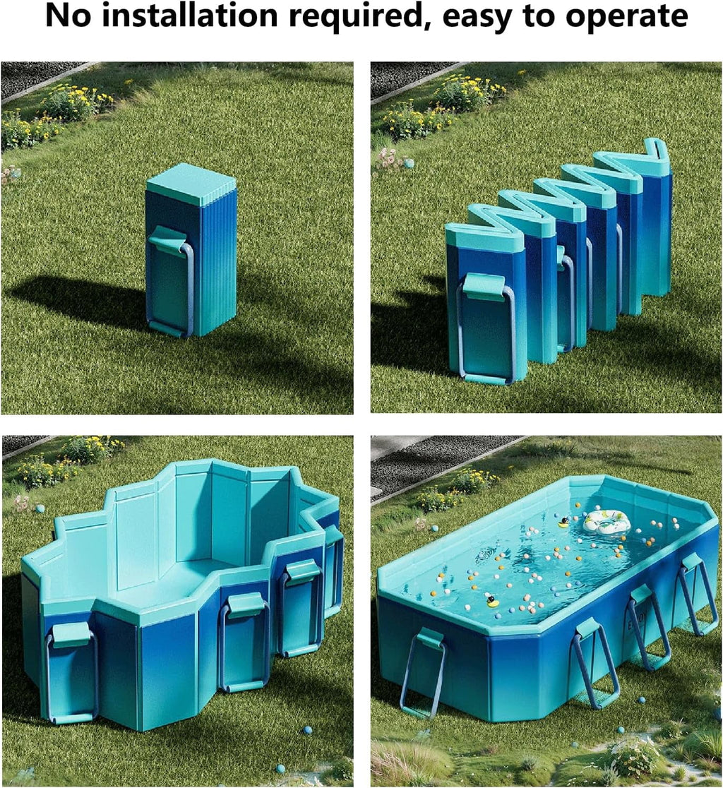 Hurber Foldable Swimming Pool, Large Non-Inflatable Adults Kiddie Outdoor Pools, Blue, 113 x 66 x 20