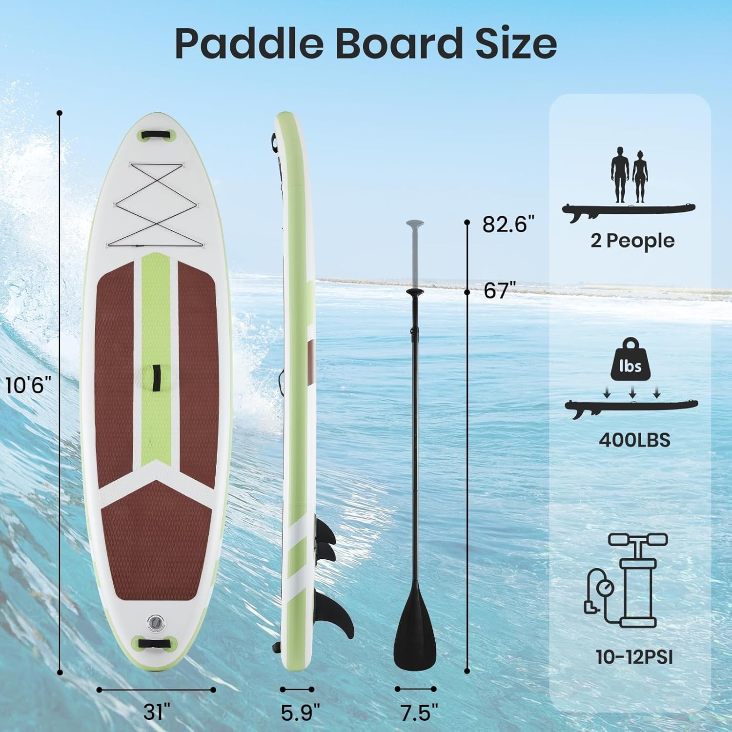 CONCETTA Inflatable Paddle Board,Equipped With SUP Paddle Board Accessories, The Non-slip EVA Deck Design Restarts The Surfboard,Surfboard for Youth&Adults of All Skill Levels，Brown Green