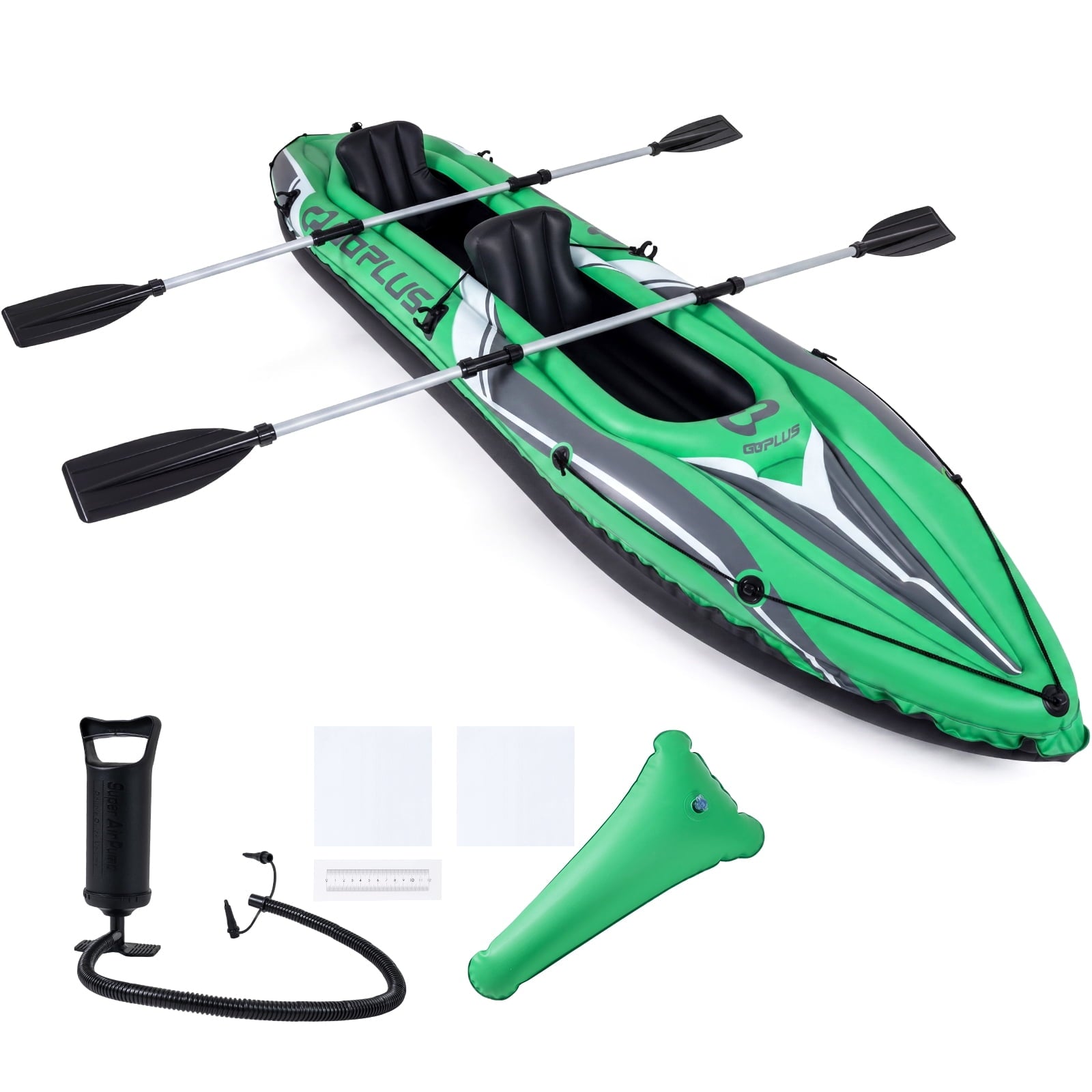 Goplus Inflatable Kayak 2 Person, Heavy Duty Tandem Touring Kayak with Aluminum Paddles Green + Black