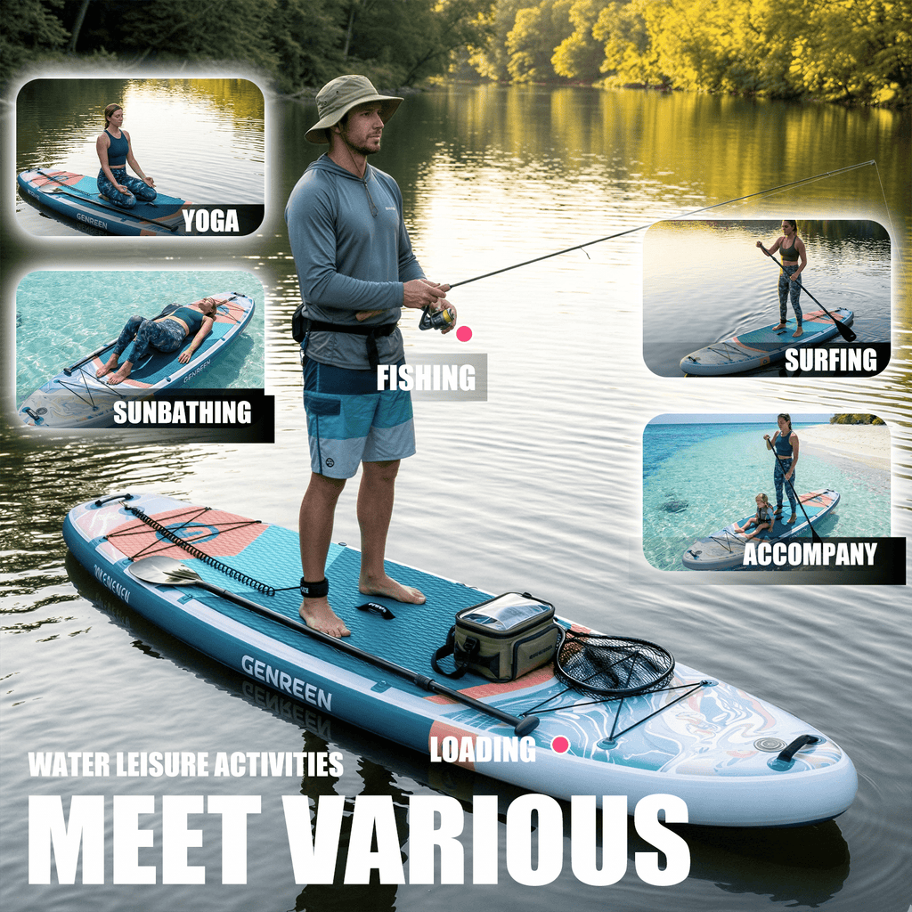 Genreen 11’ Inflatable Stand Up Paddle Board with SUP Accessories, Fishing Paddle Board for Youth & Adults of All Skill Levels