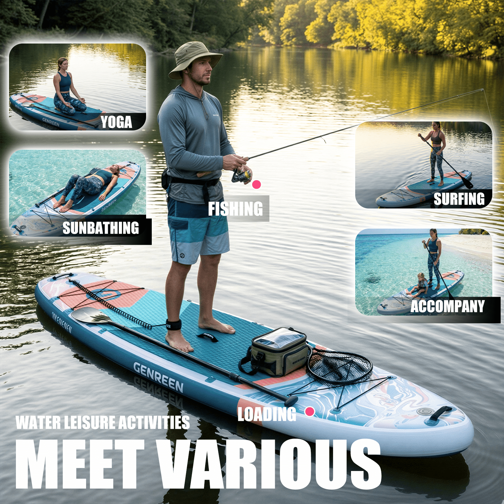 Genreen 11’ Inflatable Stand Up Paddle Board with SUP Accessories, Fishing Paddle Board for Youth & Adults of All Skill Levels