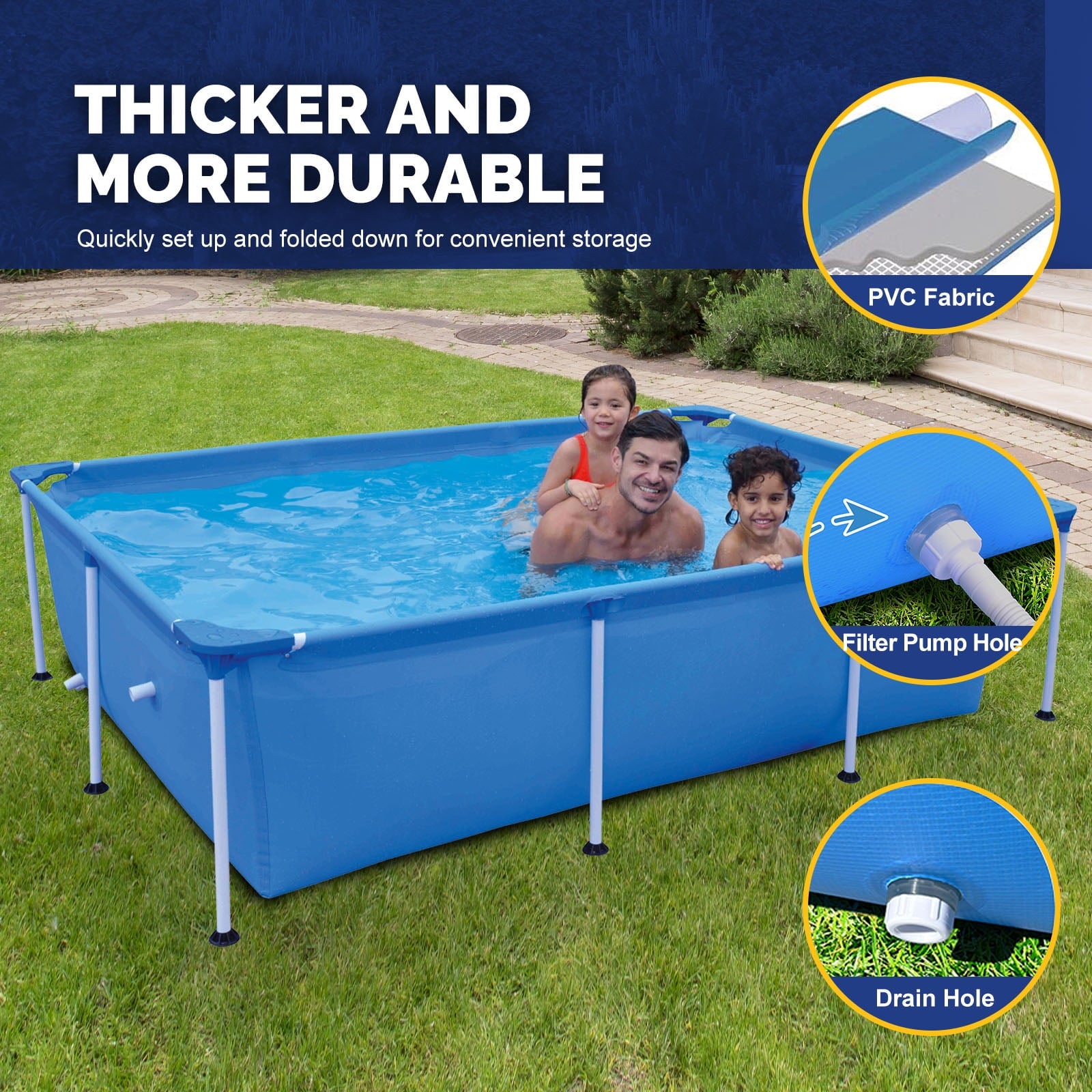 Honeydrill 6.2ft x 4.2ft x 16.5in Rectangular Metal Frame Above Ground Swimming Pool for Family, Blue
