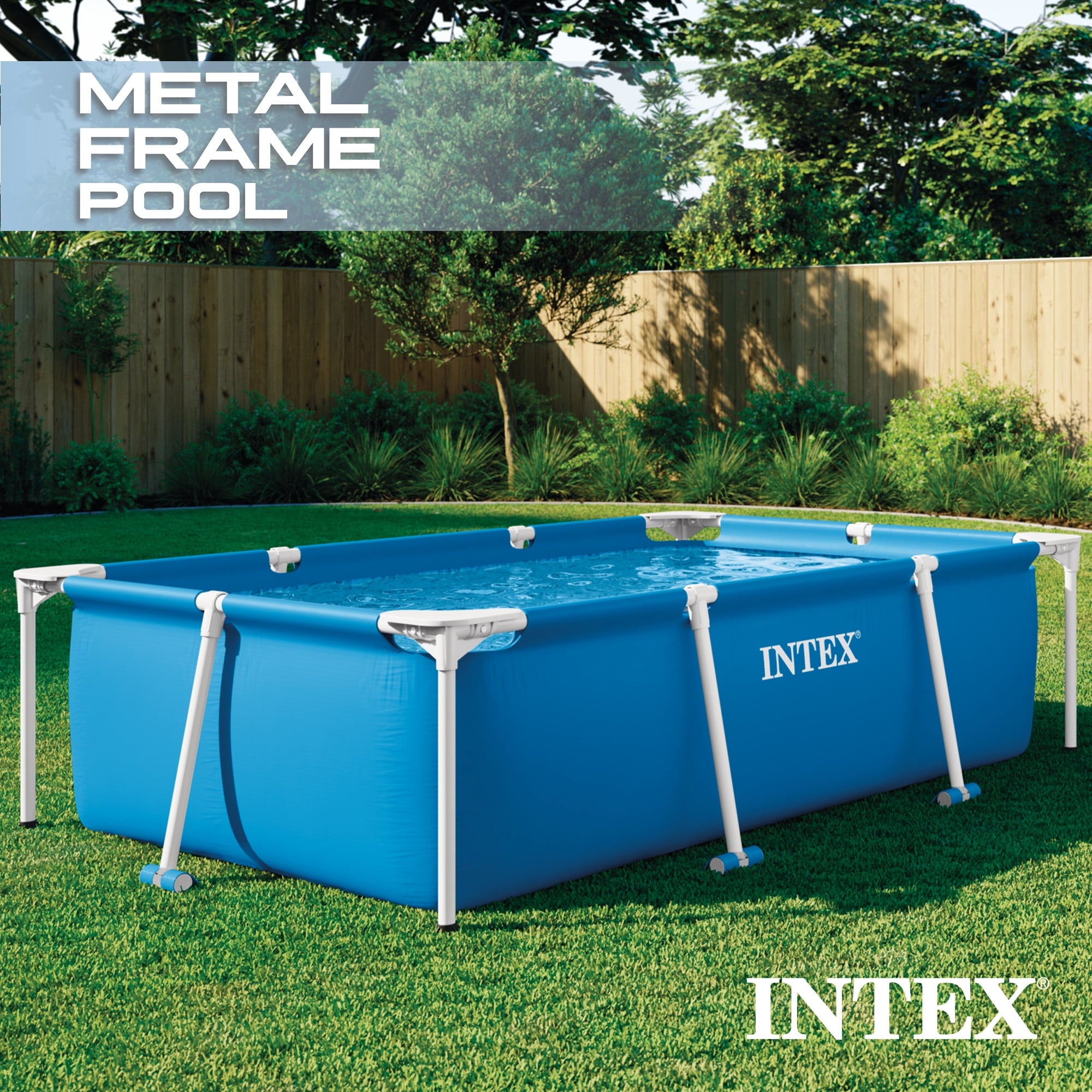 INTEX Rectangular Frame 9ft 10in x 29.5 Above Ground Swimming Pool with Flow Control Valve