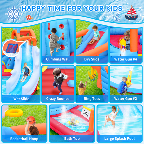 9 in1 Inflatable Slide Water Park Jump Area Dual Slides Climbing Wall  Anchor Ring Toss Basketball Hoop Dual Water Guns Shallow and Bathing Pools