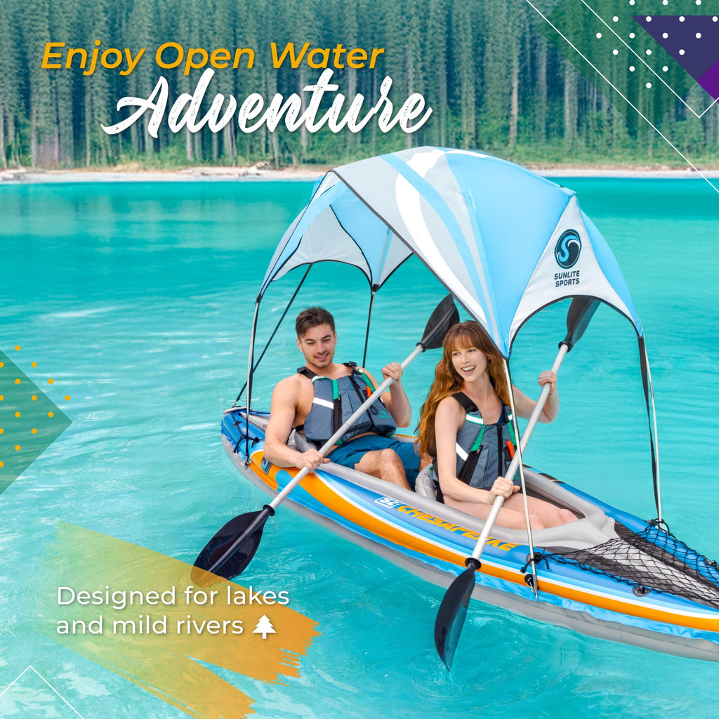 Sunlite Sports Tandem Inflatable Kayak with Canopy and Pump for Lakes & Rivers