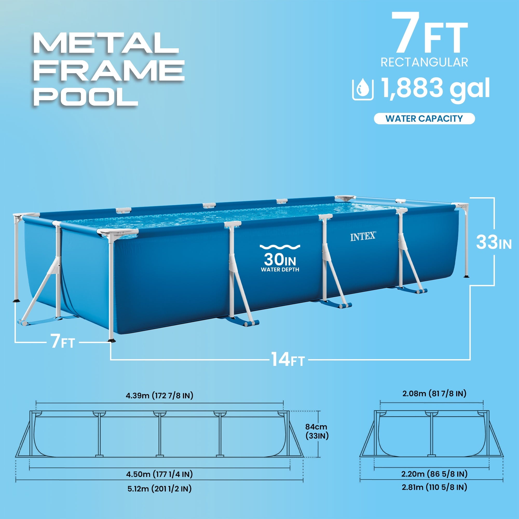 INTEX Rectangular Frame 14ft x 33in Above Ground Swimming Pool w/ Pump