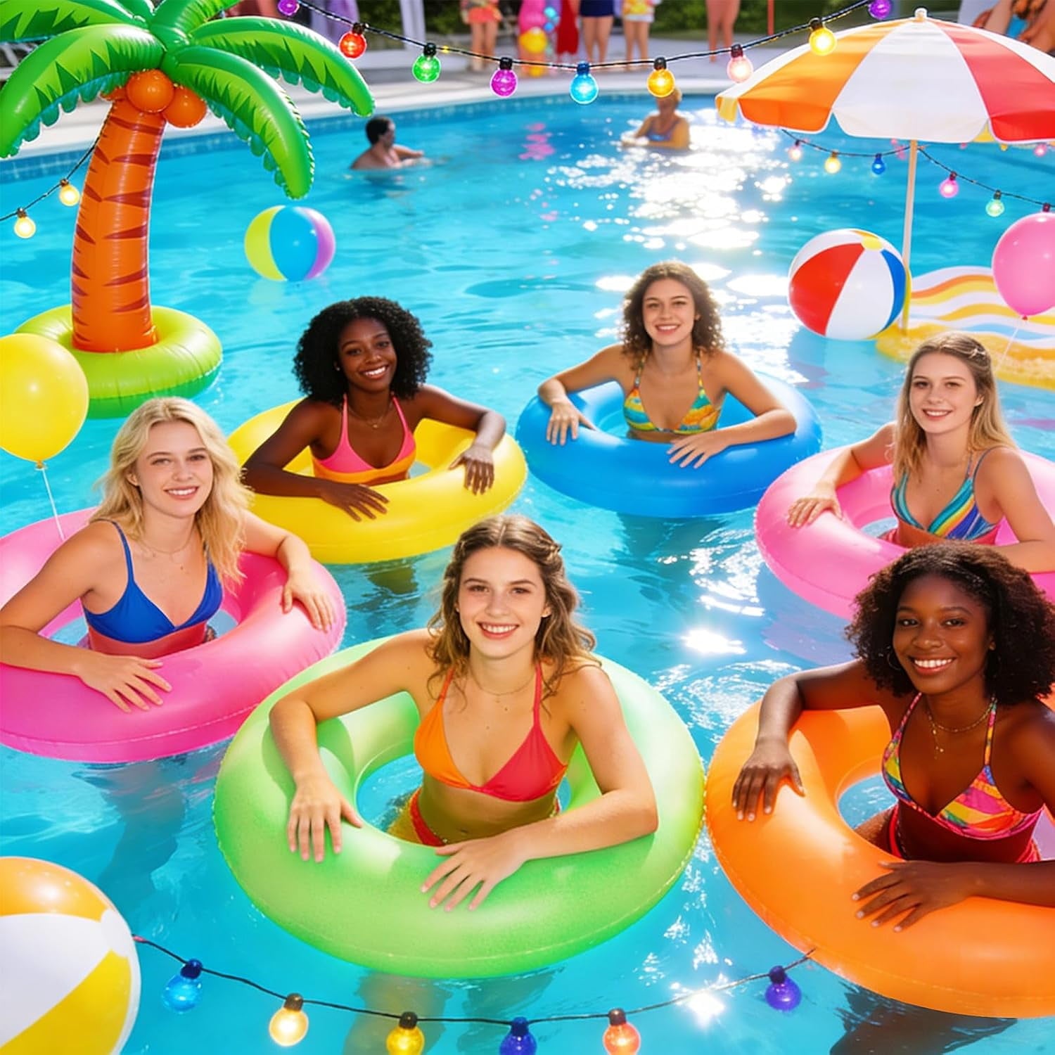 8 Pcs Inflatable Pool Float for Adults 36 Inch Clear Swim Rings Bulk Neon Swimming Pool Tubes Floaties Toys for Beach Summer Bachelorette Party Decorations, 8 Colors