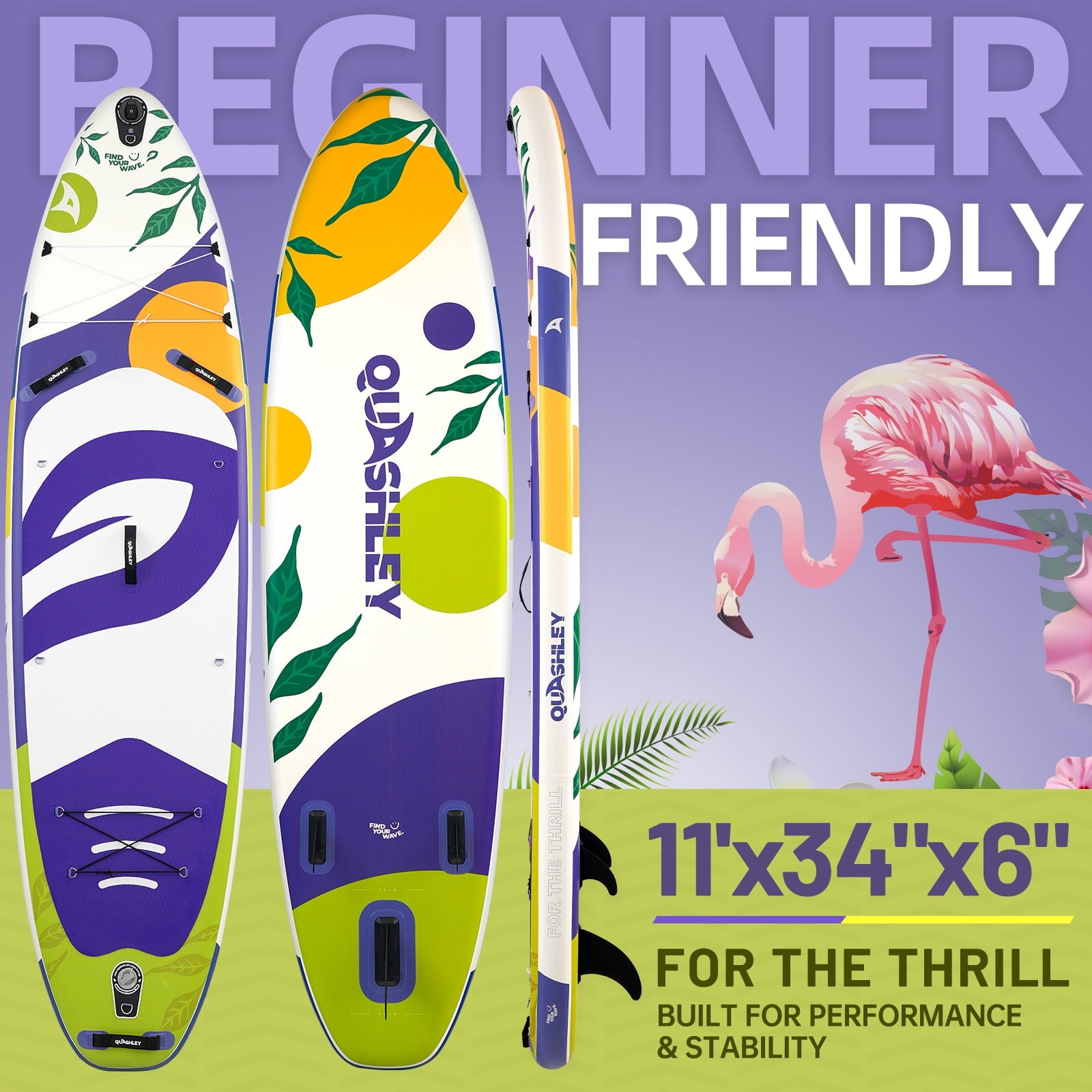 Quashley Inflatable Paddle Board 11' x 34 Wide All-Around SUP with Paddle, Pump, Backpack & Leash