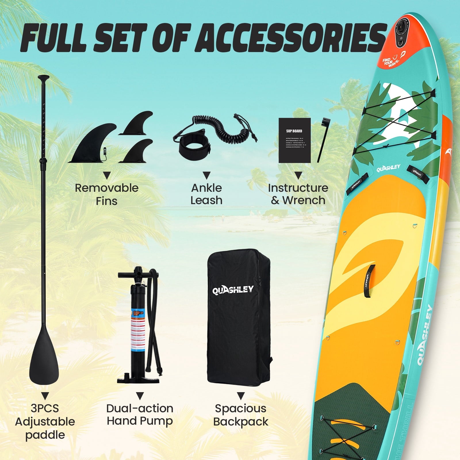 Quashley Inflatable Paddle Board 11' x 34 Wide All-Around SUP with Paddle, Pump, Backpack & Leash