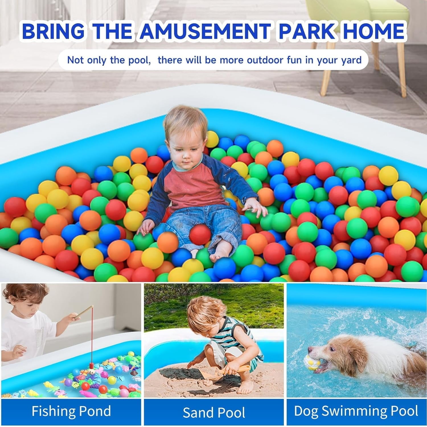 Hurber Foldable Swimming Pool, Large Non-Inflatable Adults Kiddie Outdoor Pools, Blue, 113 x 66 x 20