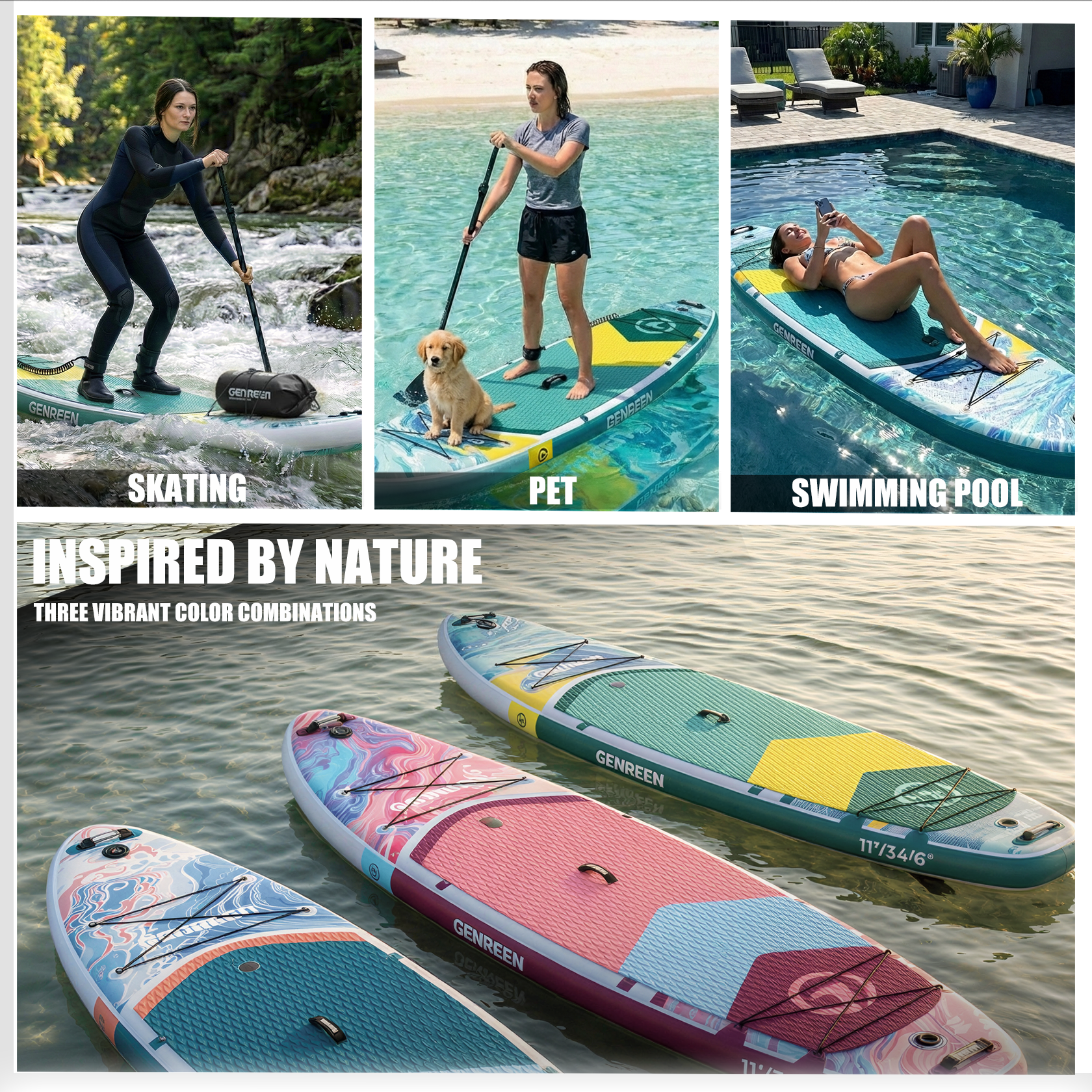 Genreen 11’ Inflatable Stand Up Paddle Board with SUP Accessories, Fishing Paddle Board for Youth & Adults of All Skill Levels