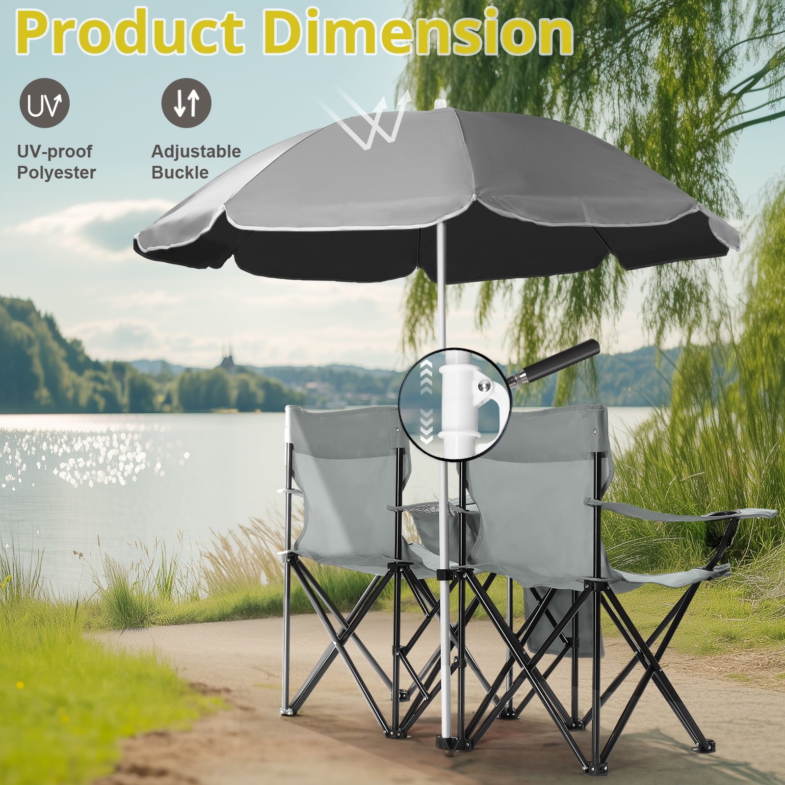 Ktaxon Camping Loveseat Chair, Folding Double Outdoor Chair with Removable Sun Umbrella & Carrying Bag, Double Chairs with Cooler Bag for Lawn Fishing Outdoor, Gray