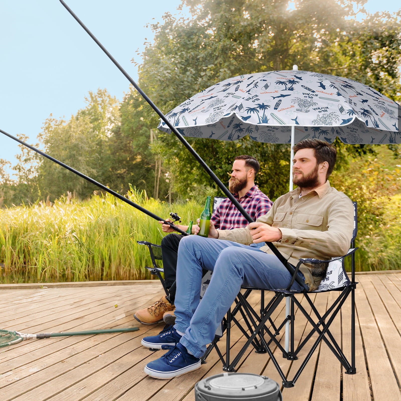 Ktaxon Camping Loveseat Chair, Folding Double Outdoor Chair with Removable Sun Umbrella & Carrying Bag, Double Chairs with Cooler Bag for Lawn Fishing Outdoor, Gray