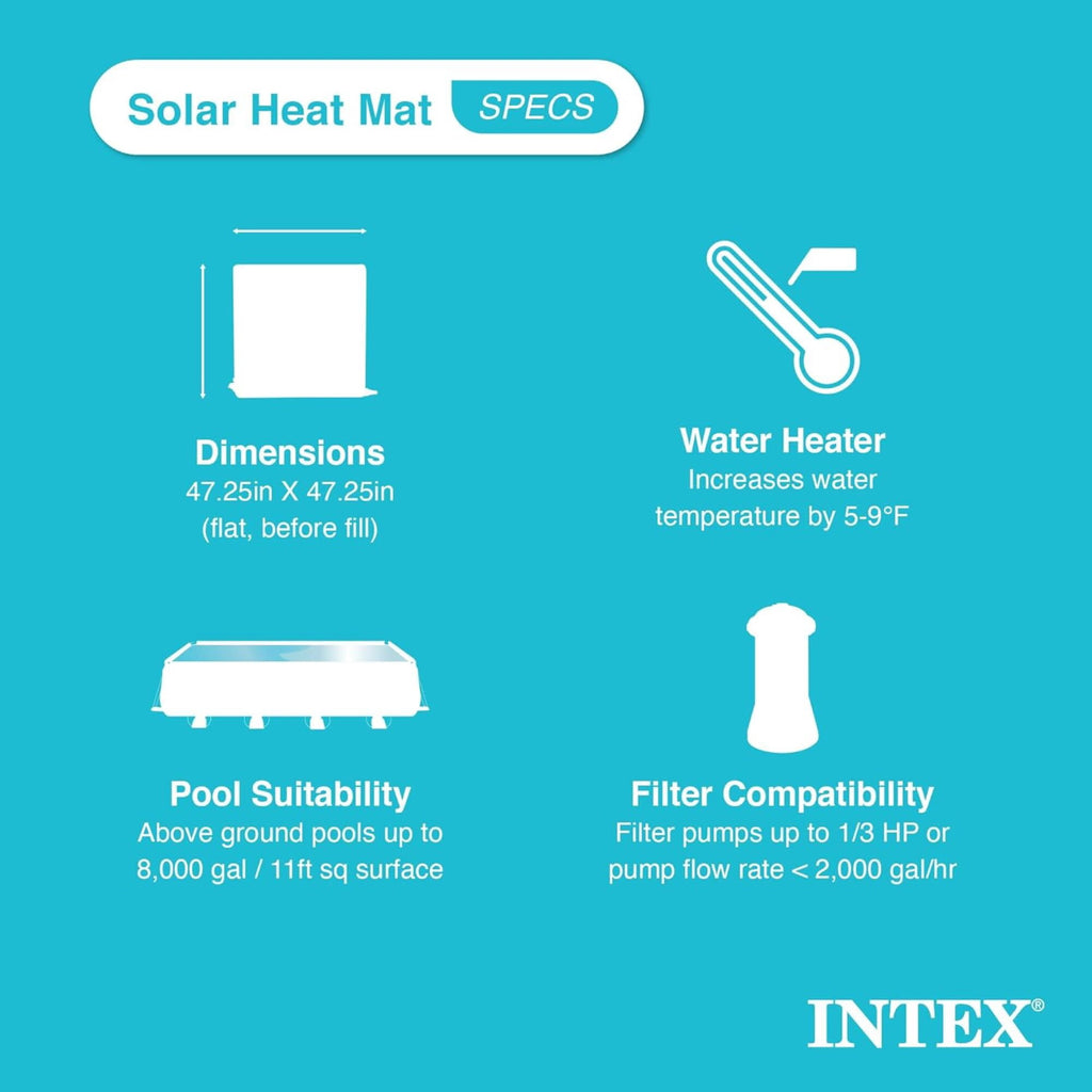 Intex: Solar Heater Mat - 47 Black, Water Warming Pad for 8k Gal Above Ground Swimming Pool, Raise Temperature 5-9 Degrees, Hose Attachment, Adapters