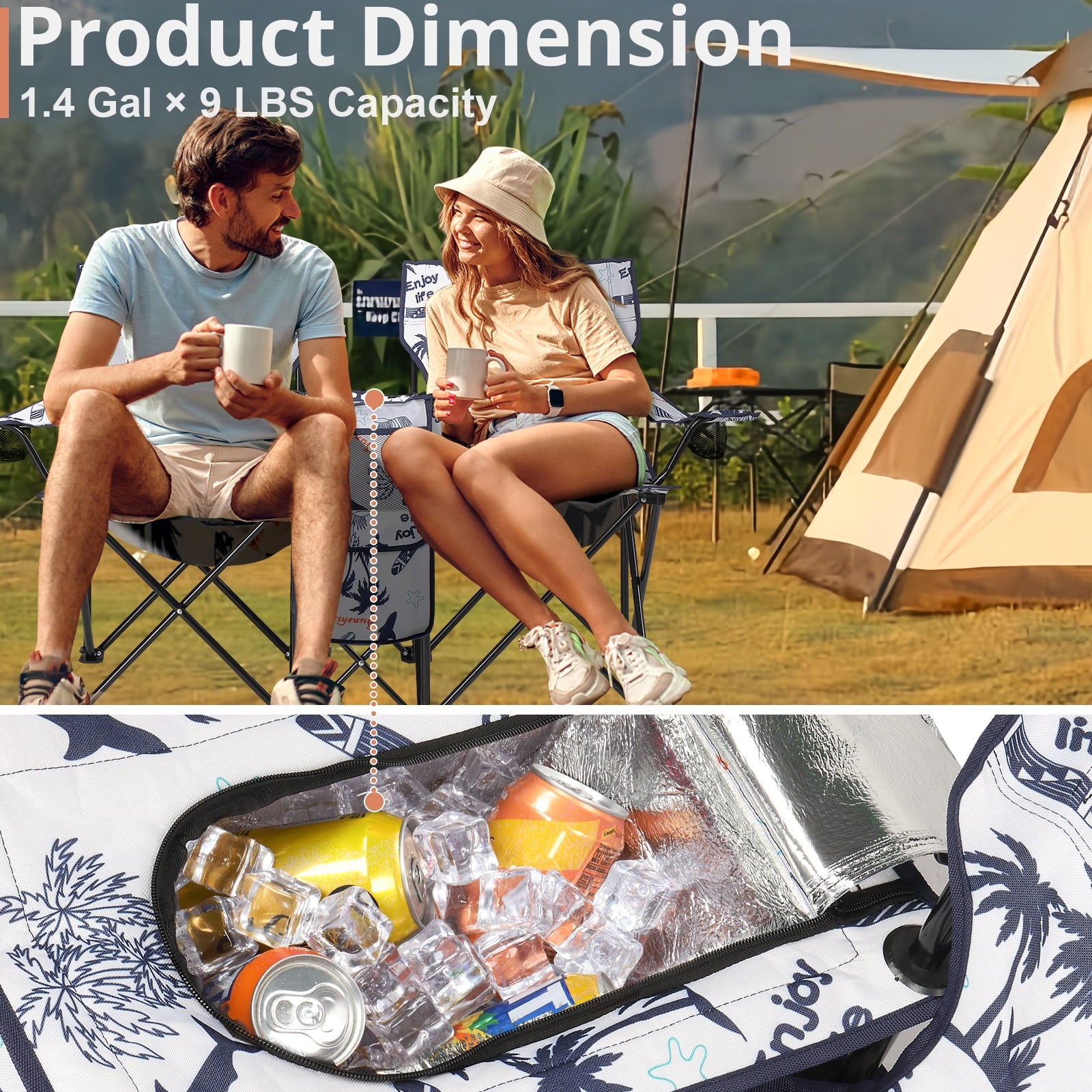 Ktaxon Camping Loveseat Chair, Folding Double Outdoor Chair with Removable Sun Umbrella & Carrying Bag, Double Chairs with Cooler Bag for Lawn Fishing Outdoor, Gray