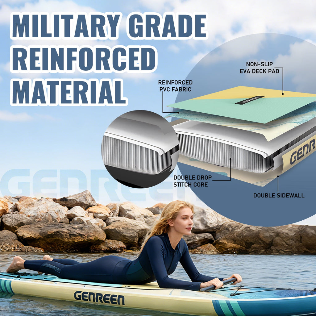 Genreen 11FT Inflatable Stand Up Paddle Board，Wide Sup with Premium Accessories, Fishing Blow Up Paddleboard for Youth & Adults