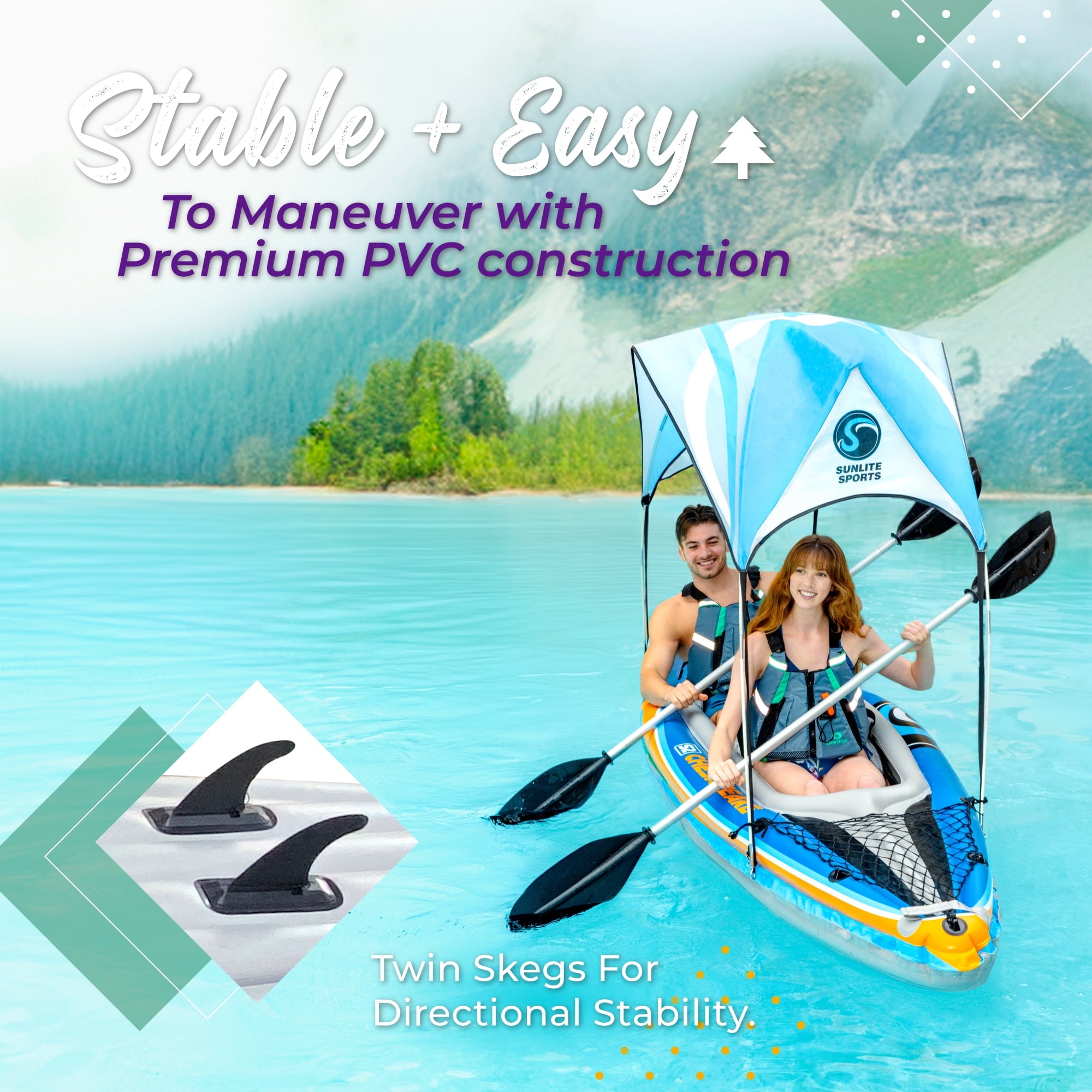 Sunlite Sports Tandem Inflatable Kayak with Canopy and Pump for Lakes & Rivers