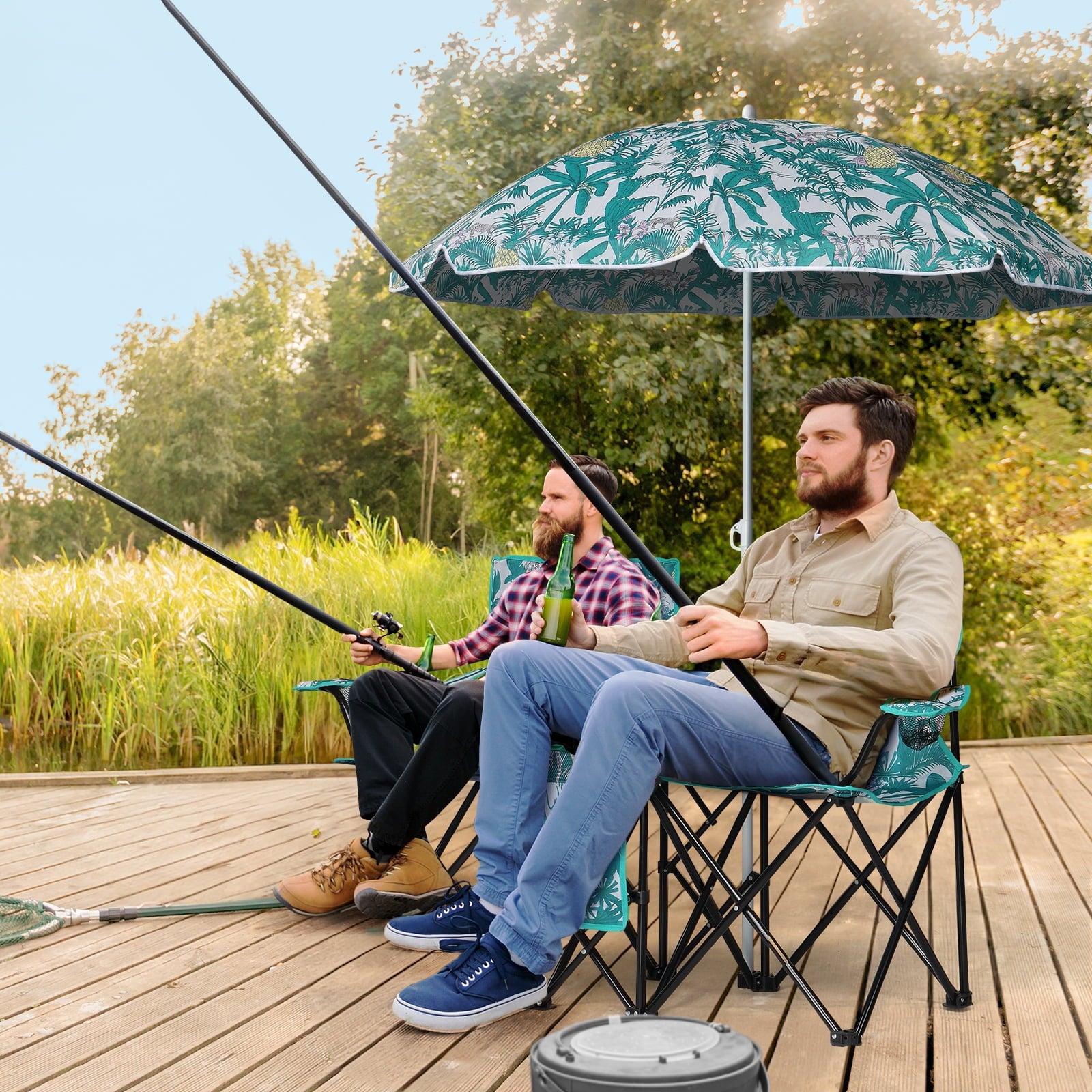Ktaxon Camping Loveseat Chair, Folding Double Outdoor Chair with Removable Sun Umbrella & Carrying Bag, Double Chairs with Cooler Bag for Lawn Fishing Outdoor, Gray