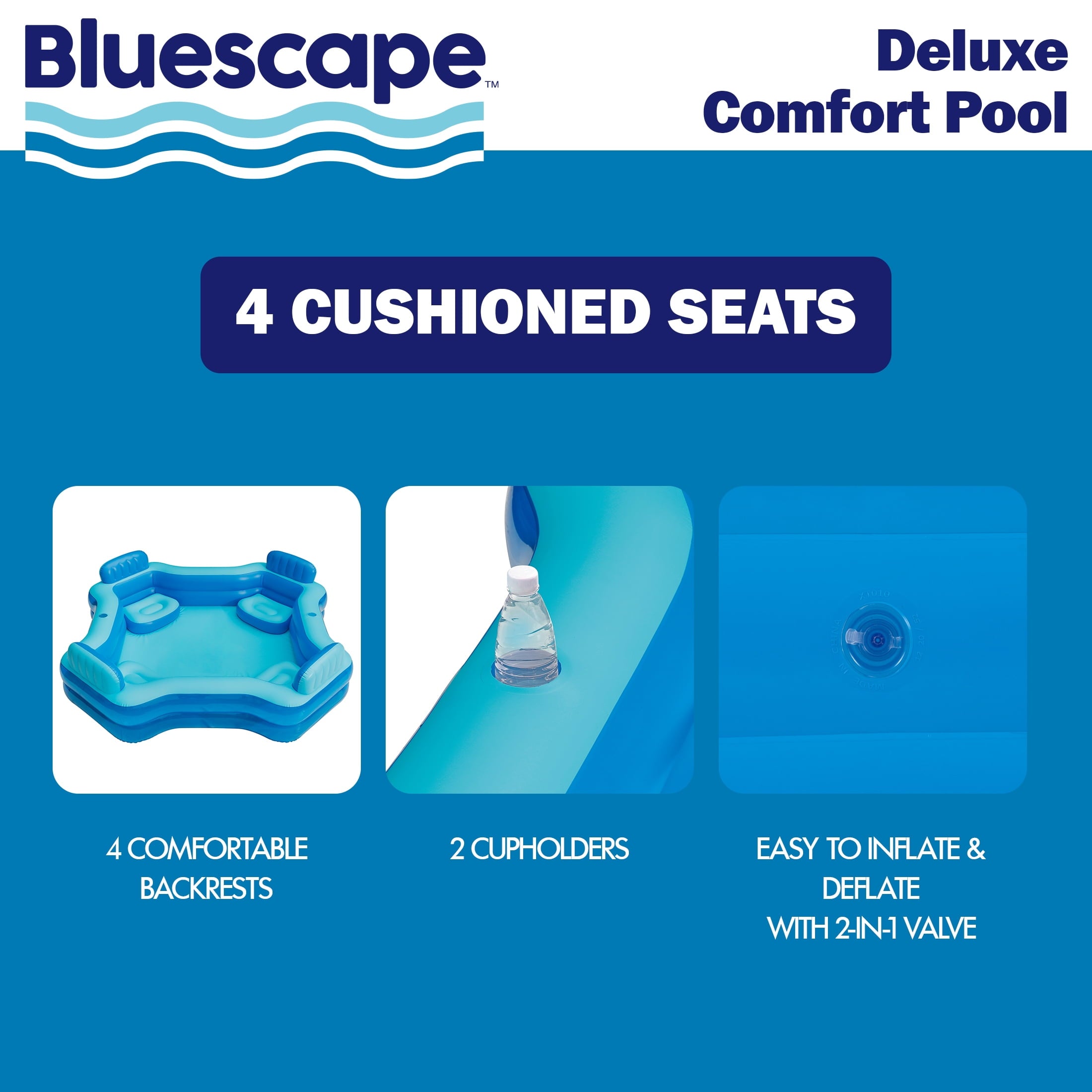 Bluescape Blue Deluxe Comfort Inflatable Family Swimming Pool, 4 Seats, Square, Age 6 & up