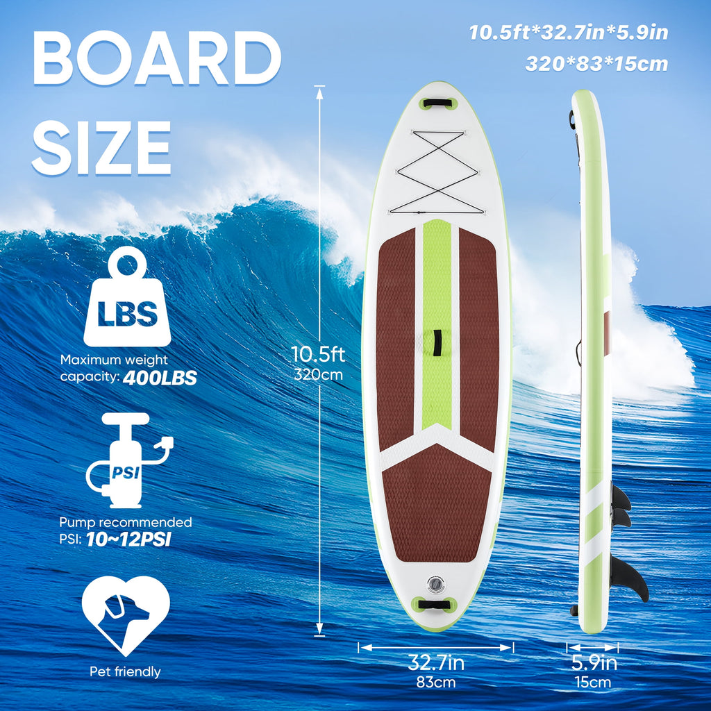 ZUNMOS 10.5ft Inflatable Stand Up Paddle Board, Non-Slip Deck, Complete SUP Accessories Set for All Skill Levels, Brown and Green