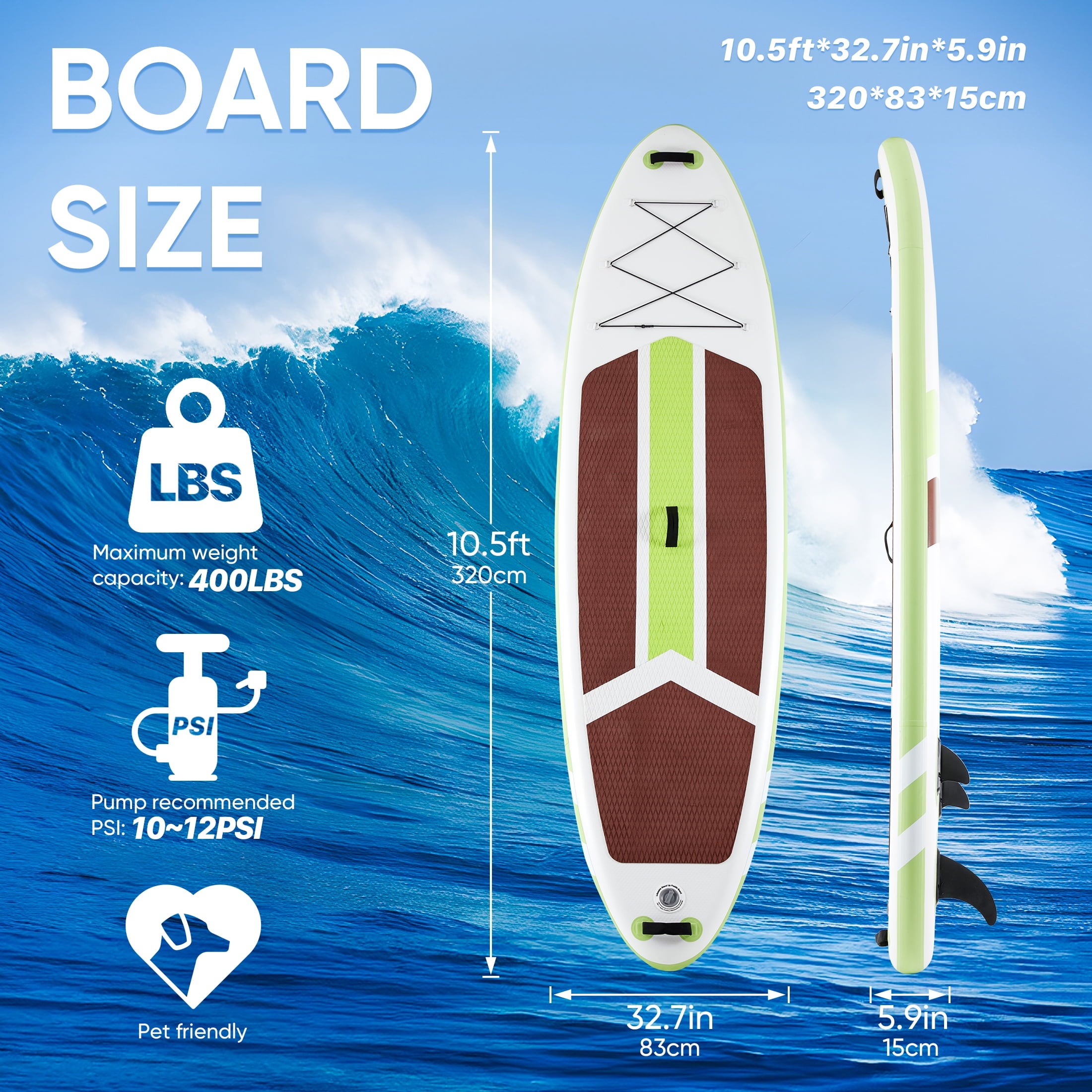 ZUNMOS 10.5ft Inflatable Stand Up Paddle Board, Non-Slip Deck, Complete SUP Accessories Set for All Skill Levels, Brown and Green