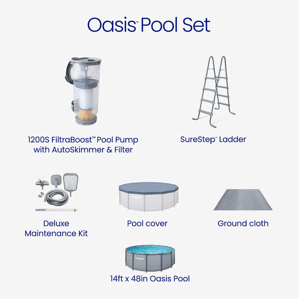 Funsicle Oasis Above Ground Metal Frame Swimming Pool Set – with FB1200S AutoSkimmer Pump, Ladder, Cover, Cloth & Deluxe Maint. Kit, 14' x 48, Round, Gray